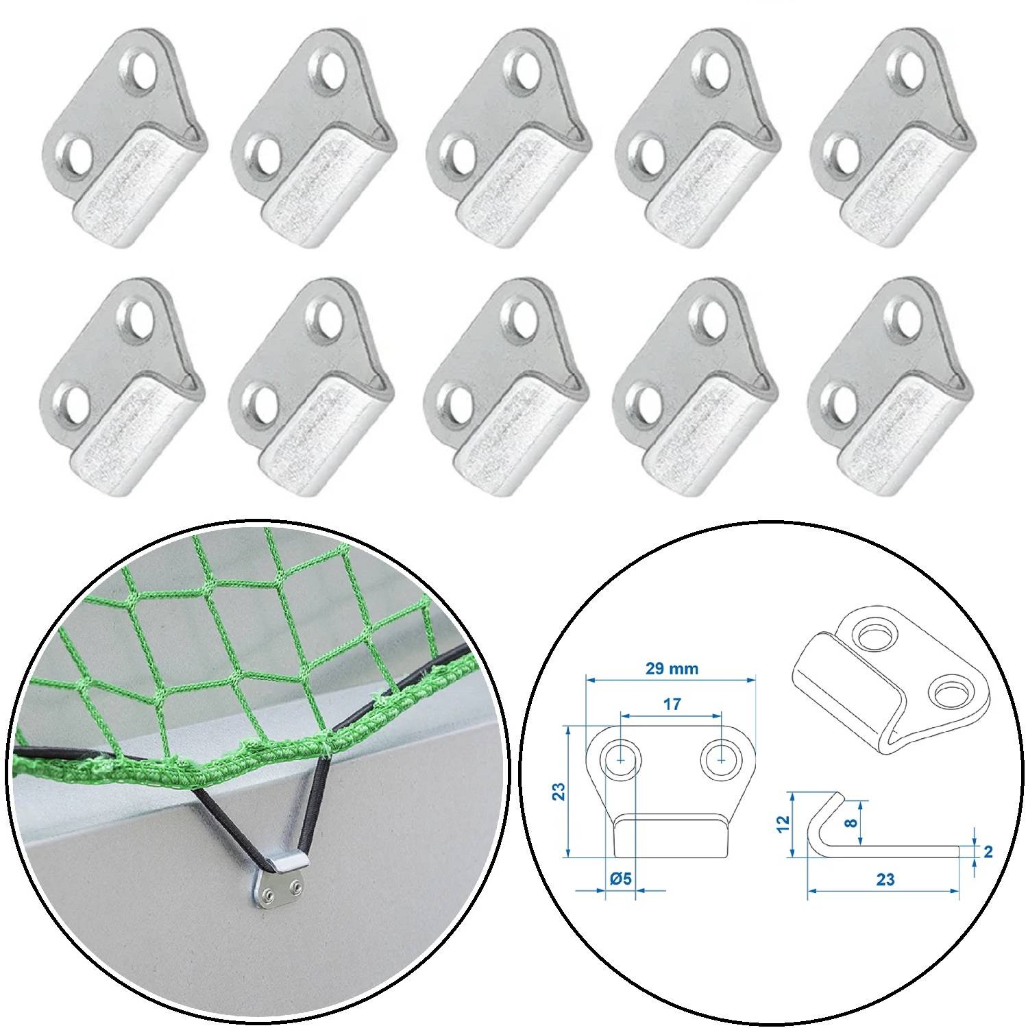 Metallklammern zum Befestigen, in einer Zwölfer-Packung gezeigt. Enthält eine Abbildung mit Maßangaben und ein Beispiel zur Verwendung mit einer Netzanbringung.