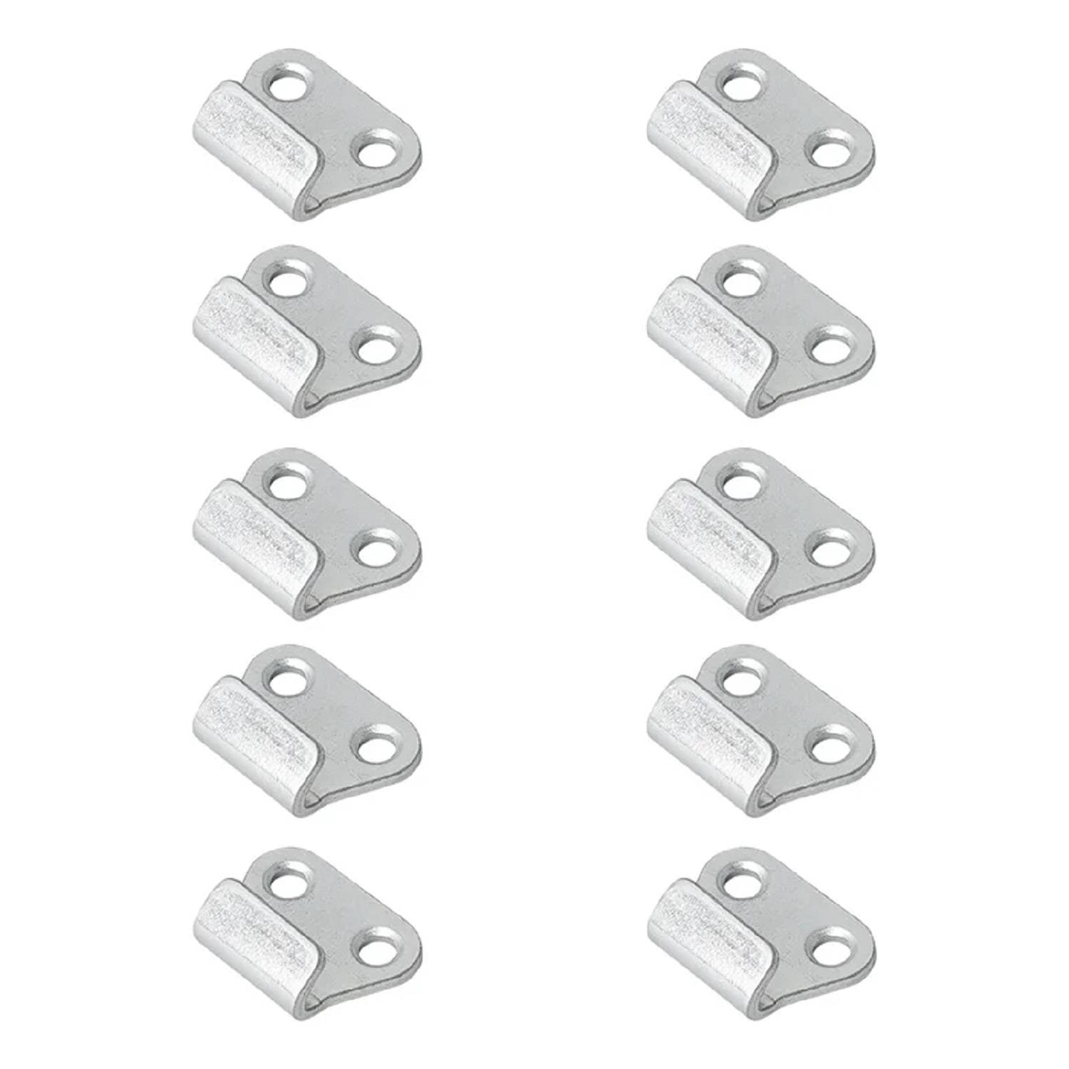 Reihen identischer silberner Metallverbinder, jeweils mit zwei Löchern, in einem vertikalen Muster auf weißem Hintergrund.