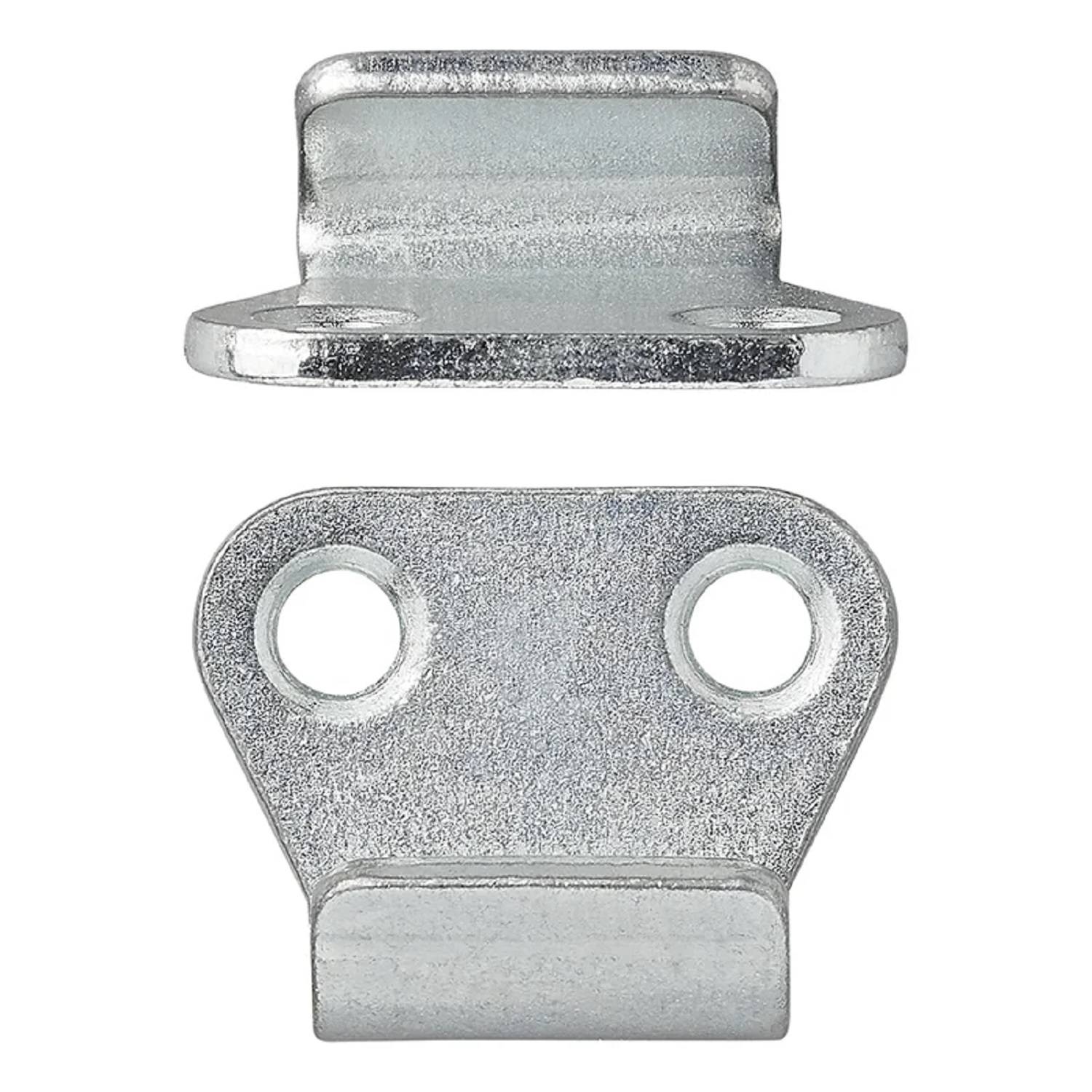 Obere und untere Ansichten eines Metallhalters mit zwei Befestigungslöchern, verwendet zum Sichern von Objekten.