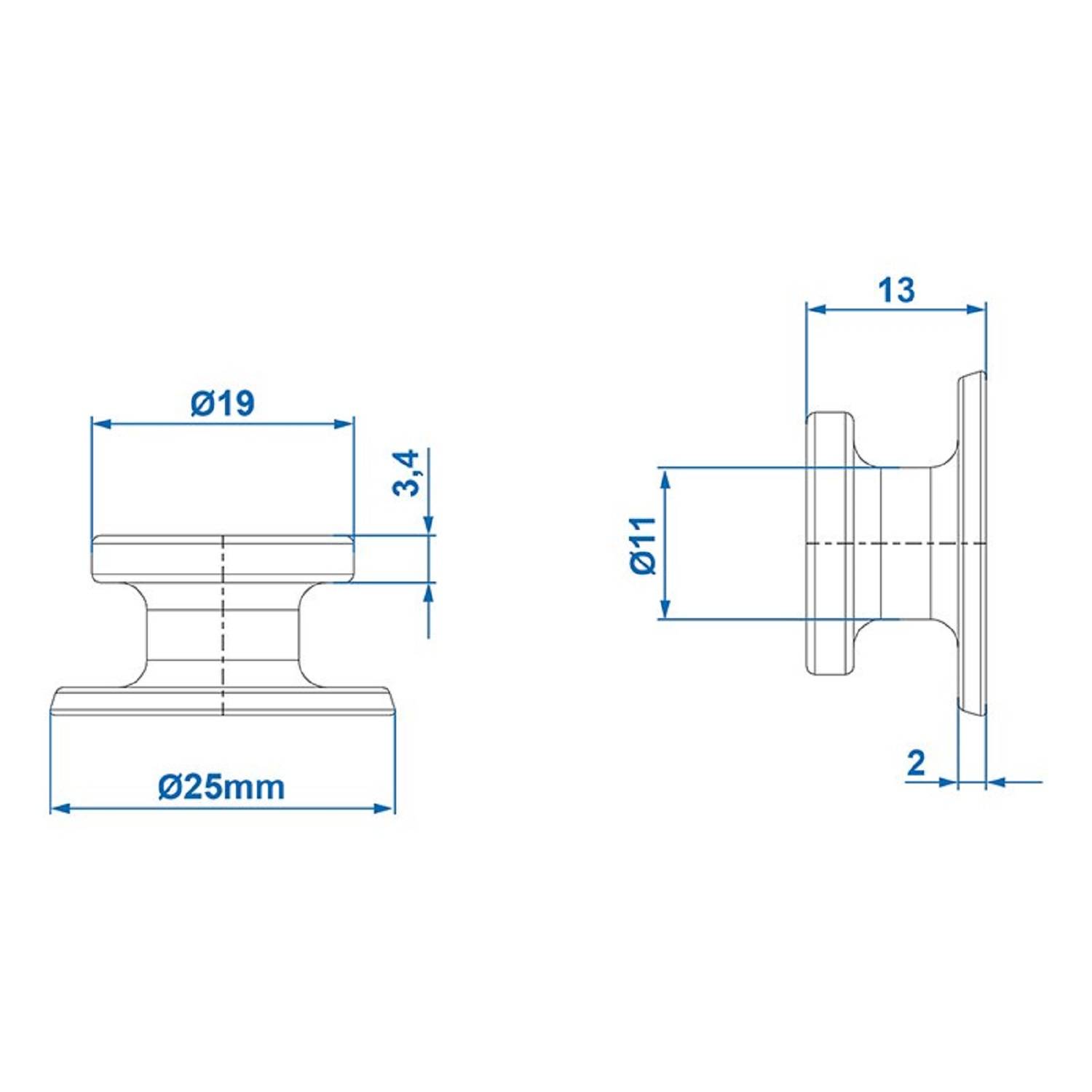 Technische Zeichnung einer zylindrischen Komponente mit Maßen: 25 mm Durchmesser an den Enden, 19 mm Durchmesser in der Mitte, 11 mm Höhe und anderen seitlichen Details, gekennzeichnet mit 3,4 und 2.