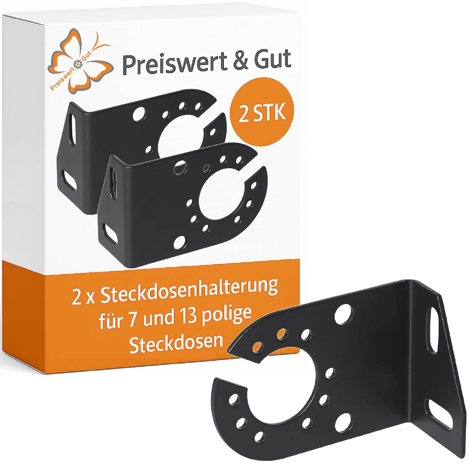 Das Bild zeigt eine Produktverpackung mit zwei schwarzen Sockelfassungen für 7- und 13-polige Sockel, gekennzeichnet mit 'Preiswert & Gut'.