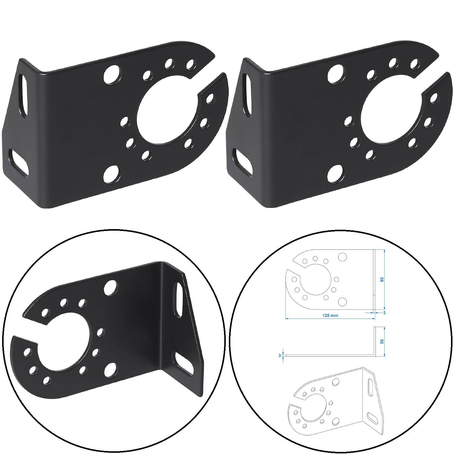 Zwei identische schwarze Halterungen zum Befestigen, jeweils mit vorgebohrten Löchern. Unten eine Halterung in Seitenansicht und eine technische Zeichnung mit Maßangaben.
