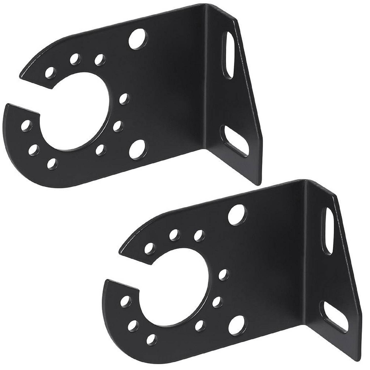 Zwei L-förmige schwarze Metallhalterungen mit mehreren Löchern, entwickelt zum Befestigen oder Unterstützen von kreisförmigen Objekten.