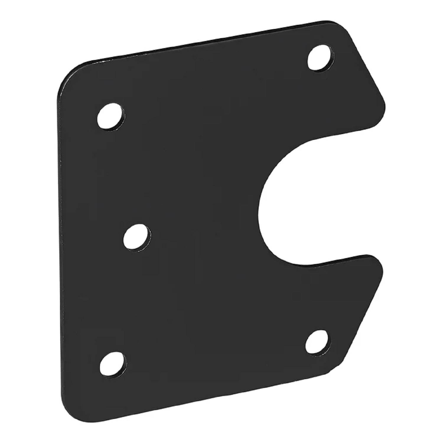 Eine schwarze, rechteckige Metallhalterung mit abgerundeten Ecken und fünf Löchern, die für Montage- oder Stützungszwecke verwendet wird.