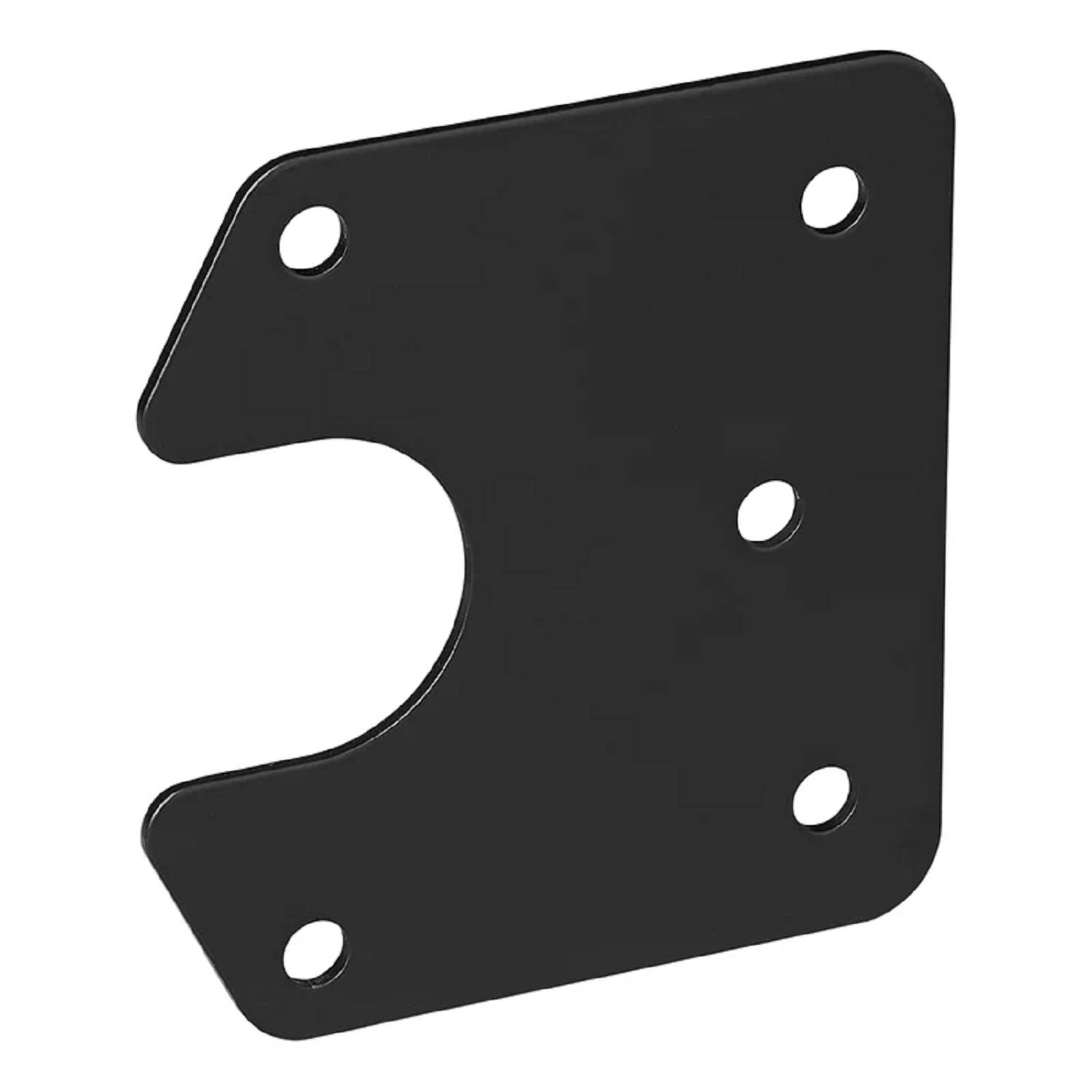 Eine schwarze, flache Metallhalterung mit einer U-förmigen Aussparung und vier Bohrlöchern, die zum sicheren Montieren oder Befestigen von Komponenten verwendet wird.