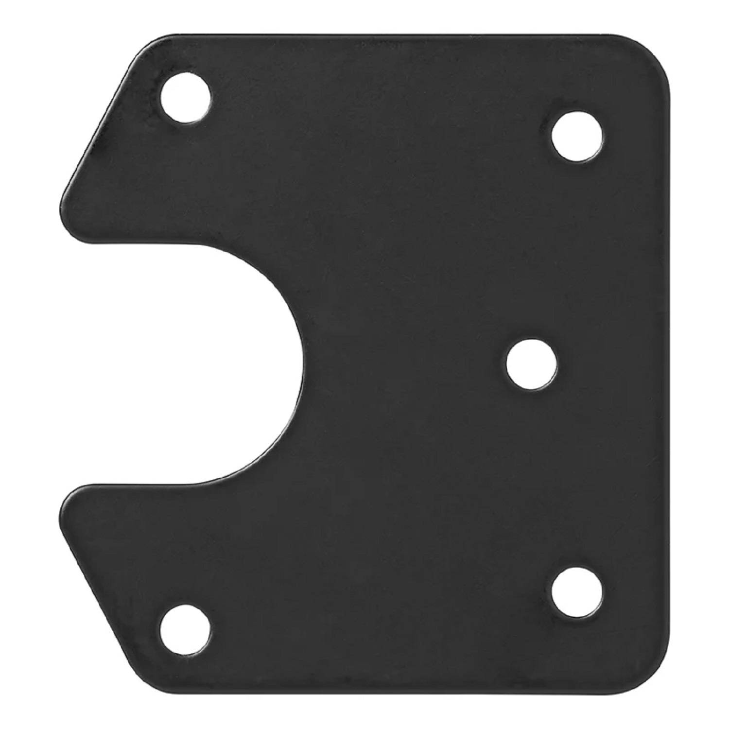 Eine schwarze Metallhalterung mit mehreren Löchern, konzipiert zum Befestigen von Objekten, mit vier kreisförmigen Schraubenlöchern und einem U-förmigen Ausschnitt.