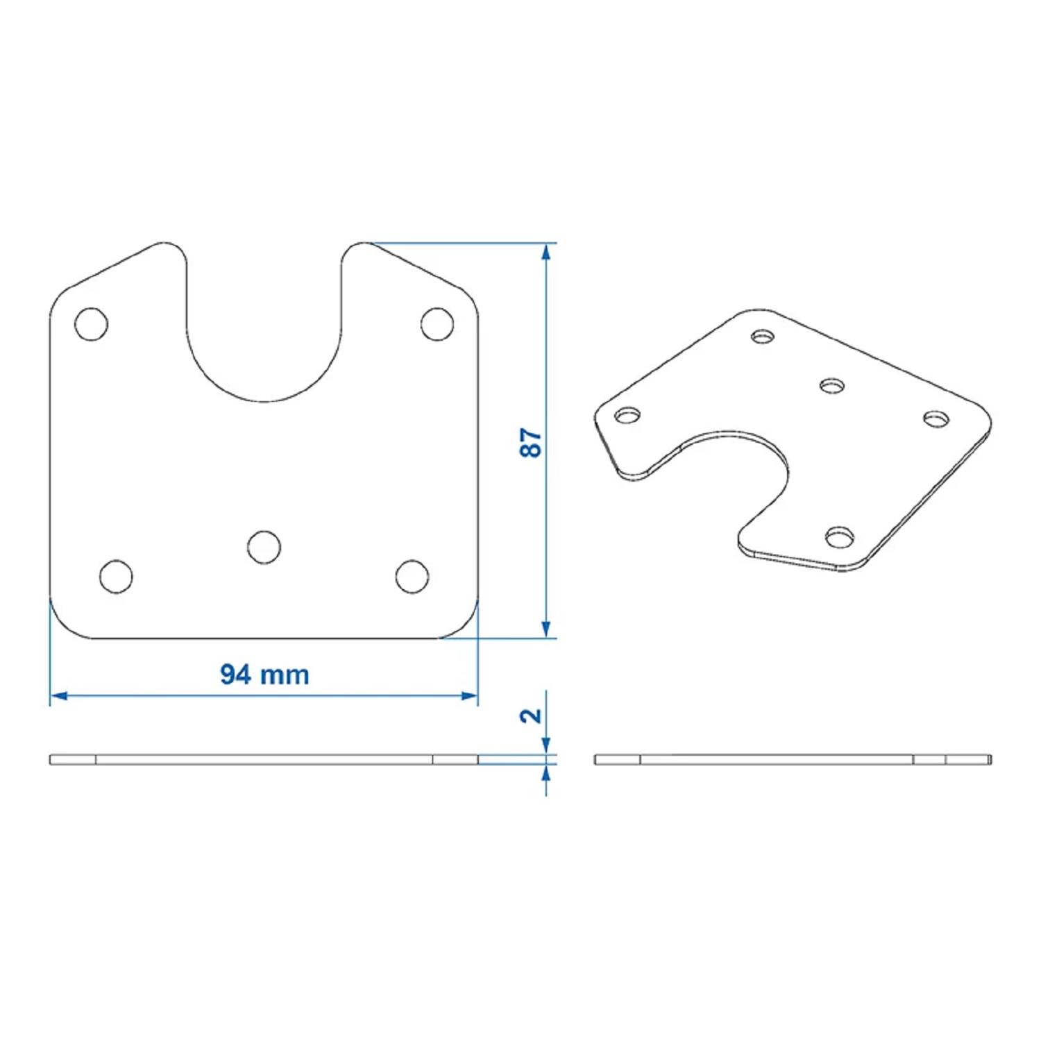 Technische Zeichnung einer Halterung mit U-förmiger Aussparung, vier Löchern, Abmessungen: 87 mm Höhe, 94 mm Breite, 2 mm Dicke.