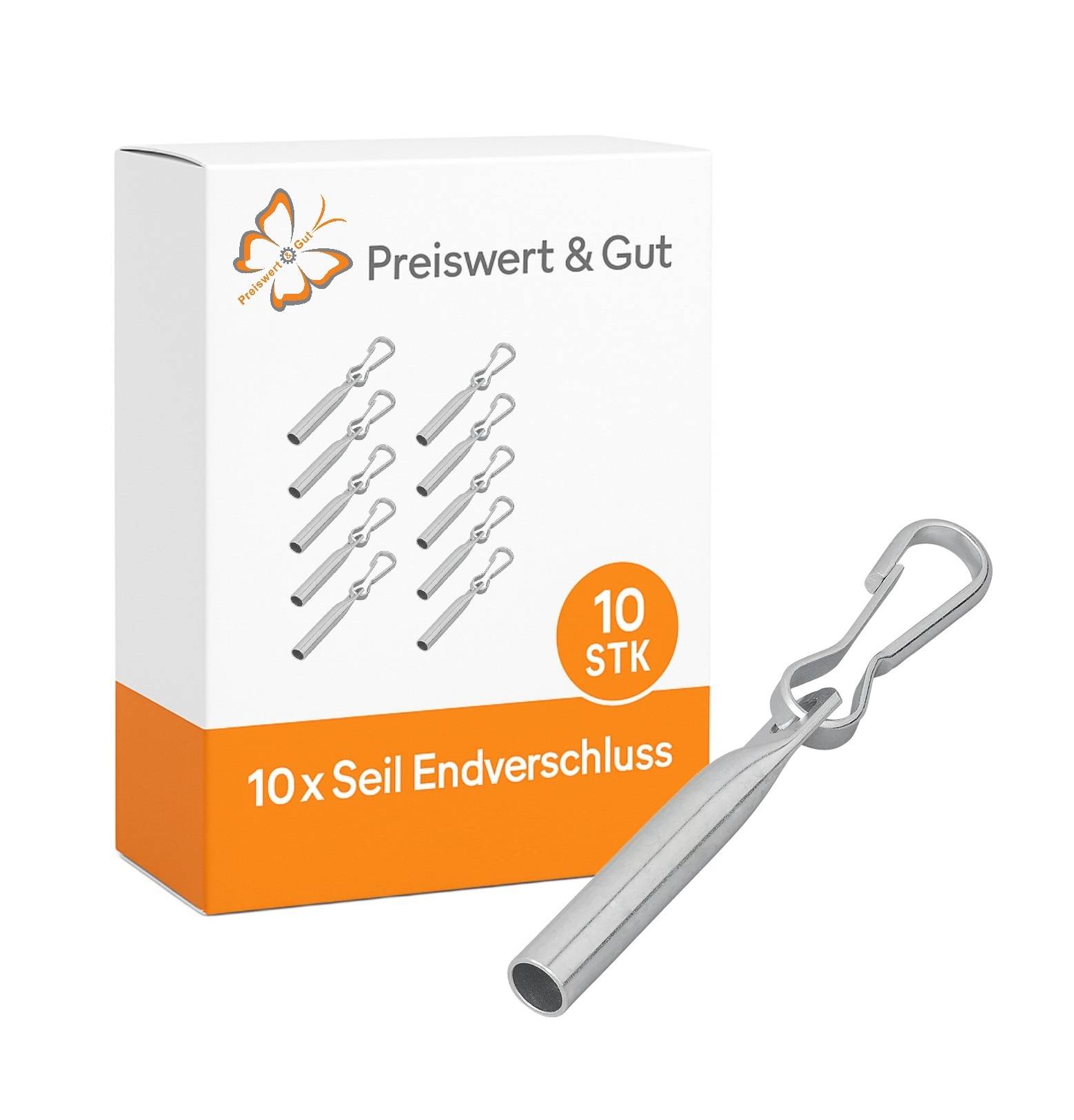 Das Bild zeigt eine Schachtel mit der Aufschrift ‚Preiswert & Gut', die 10 silberne Kabelendkappen enthält. Eine Kappe ist neben der Schachtel ausgelegt.