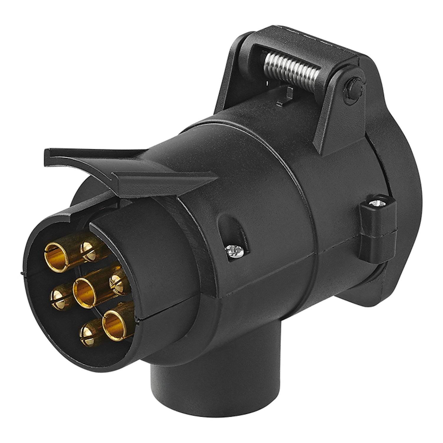 Ein schwarzer Anhänger-Steckverbinder aus Kunststoff mit sieben Metallstiften, der zur Verbindung von Anhängern mit Fahrzeugen für die Übertragung elektrischer Signale verwendet wird.