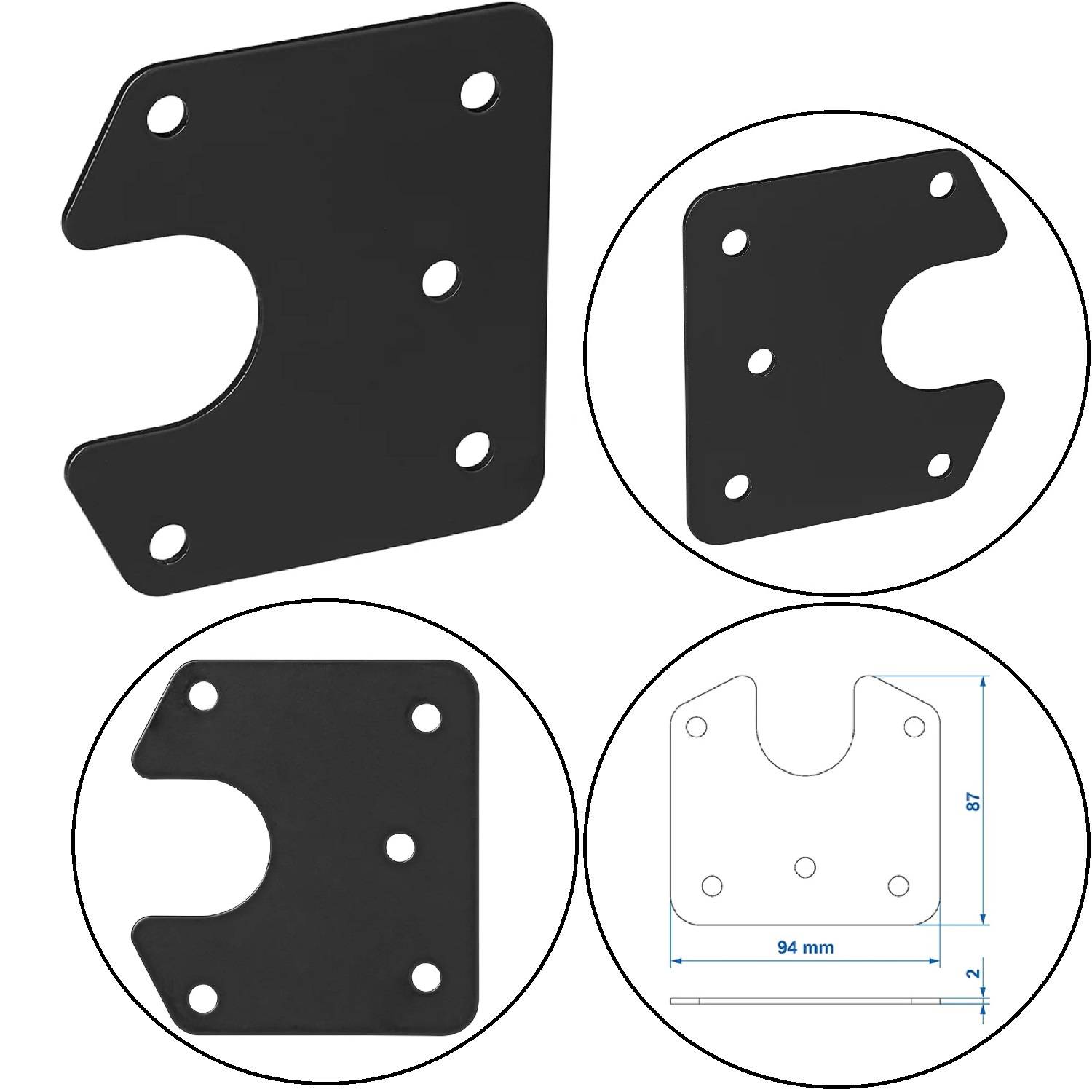 Befestigungswinkel mit mehreren Löchern, dargestellt in verschiedenen Ansichten: Draufsicht, Seitenansicht und Abmessungen von 97 mm x 94 mm.