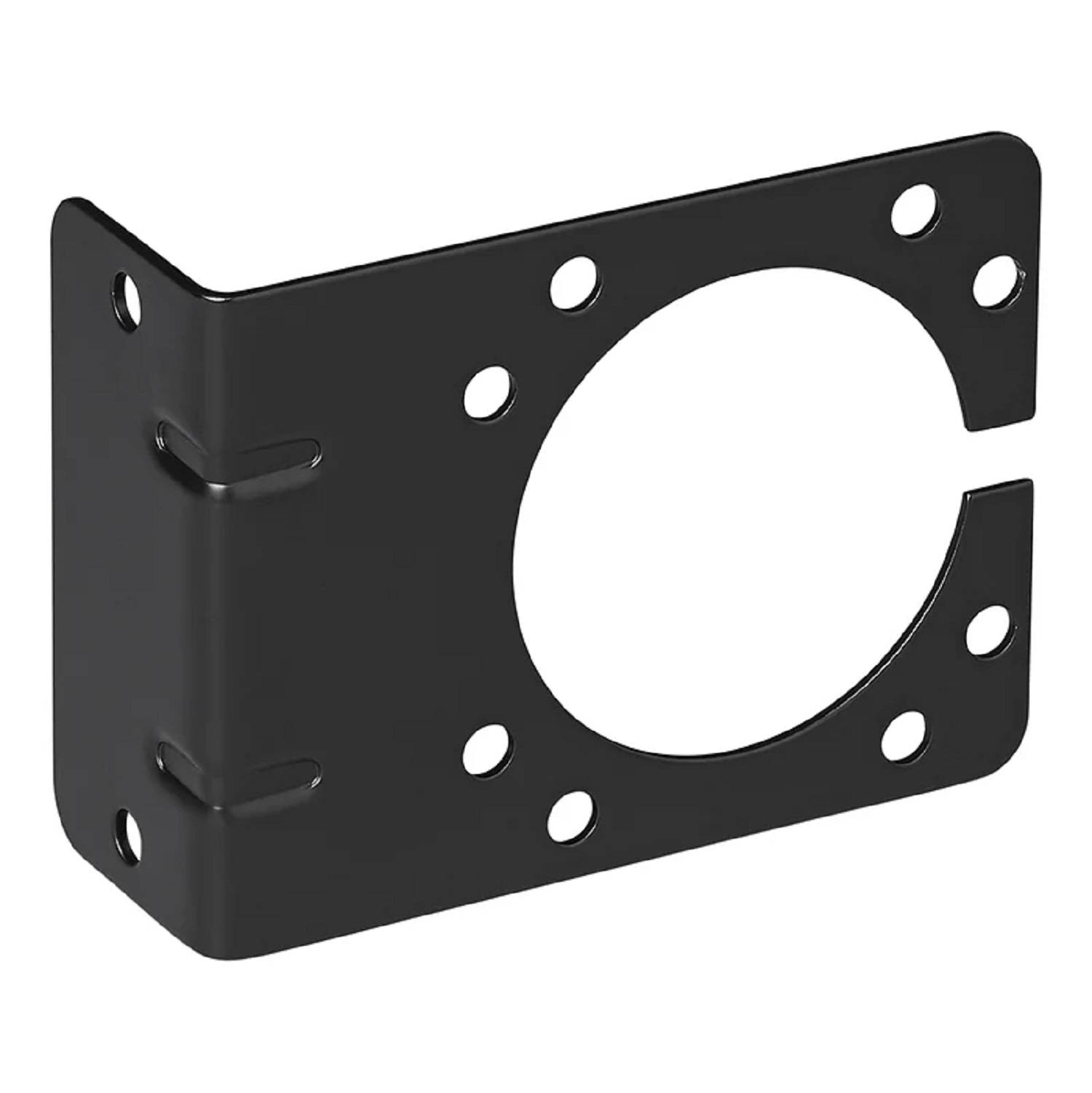 Metallbefestigungshalterung mit mehreren Löchern, entwickelt zum Befestigen von Komponenten oder Geräten. Schwarze Beschichtung und quadratische Form mit großer zentraler Aussparung.