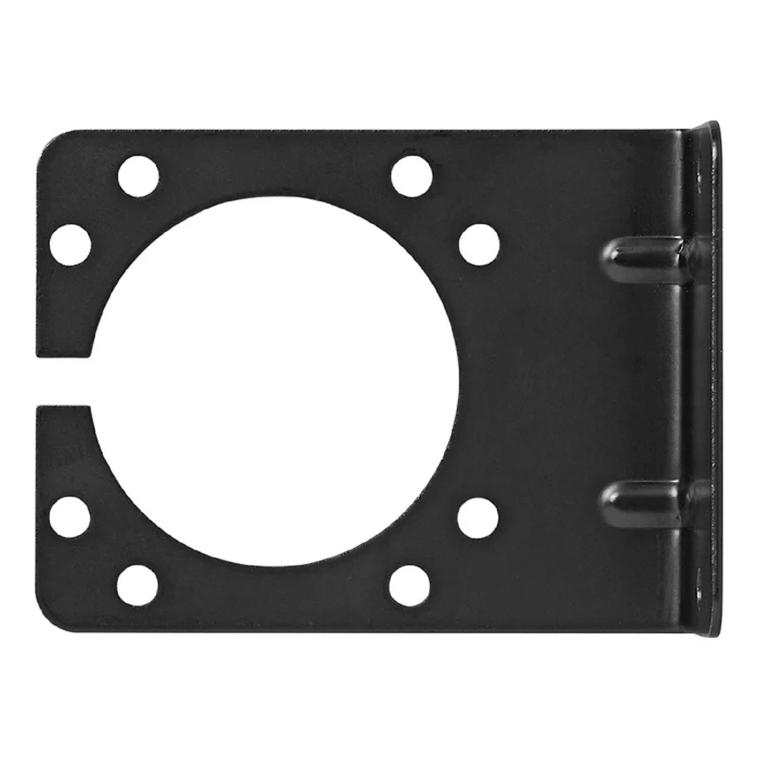 Eine schwarze Metallhalterung mit einer großen kreisrunden Öffnung in der Mitte und mehreren kleineren kreisrunden Löchern an den Kanten.