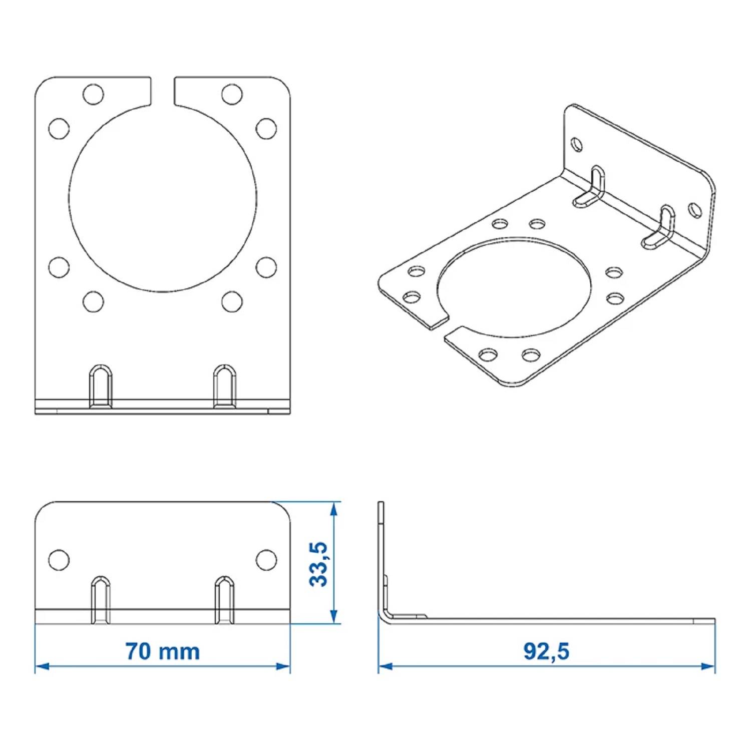 Eine technische Zeichnung eines Metallhalters, die Front- und Seitenansichten mit Maßen zeigt: Höhe 33,5 mm, Breite 70 mm, Tiefe 92,5 mm.
