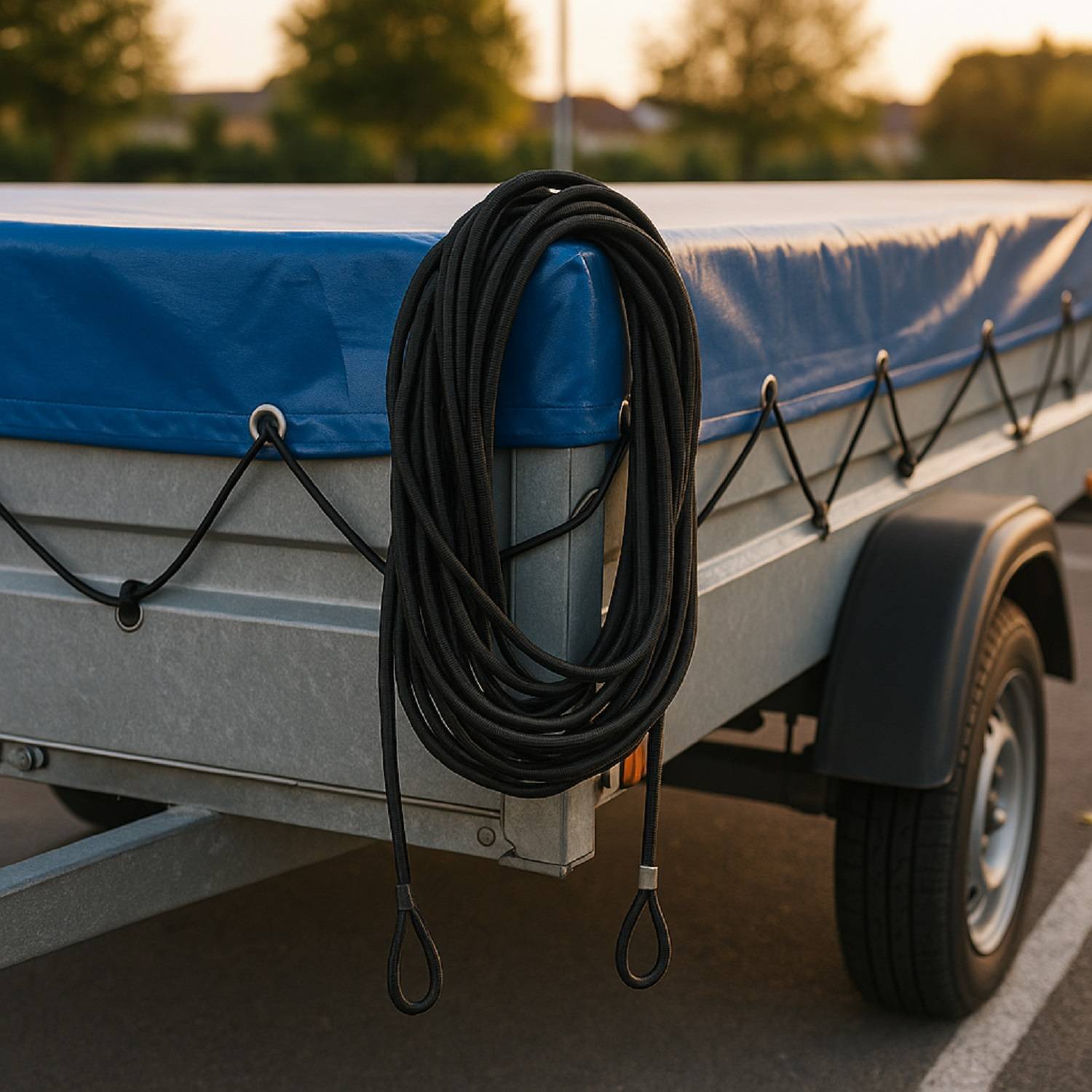 Ein Anhänger mit einer blauen Plane als Abdeckung, geparkt auf einer Straße. Ein aufgewickeltes schwarzes Kabel hängt an der Seite des Anhängers. Bäume und Häuser im Hintergrund.