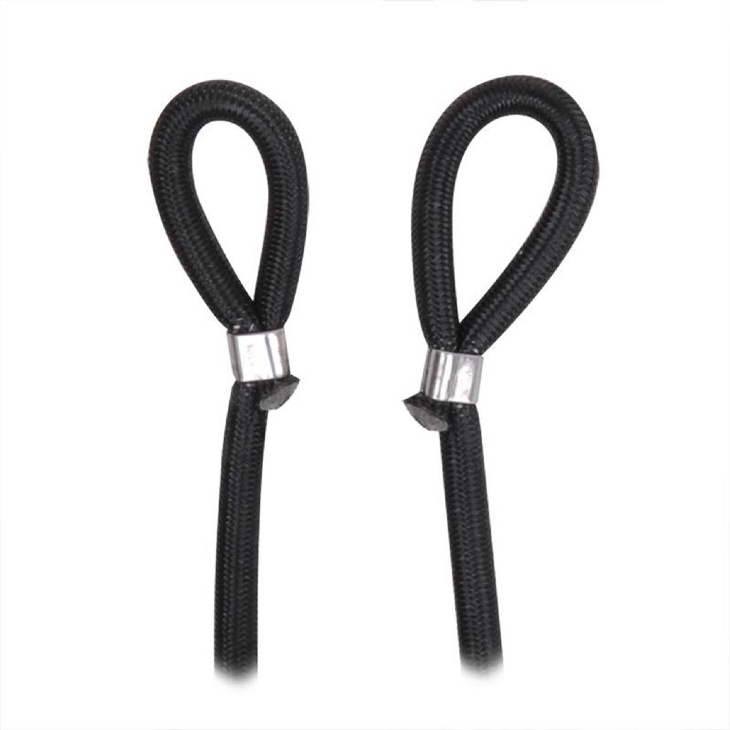 Zwei schwarze elastische Schlaufen mit Metallklammern, die zum Befestigen oder Zusammenbinden von Gegenständen verwendet werden.