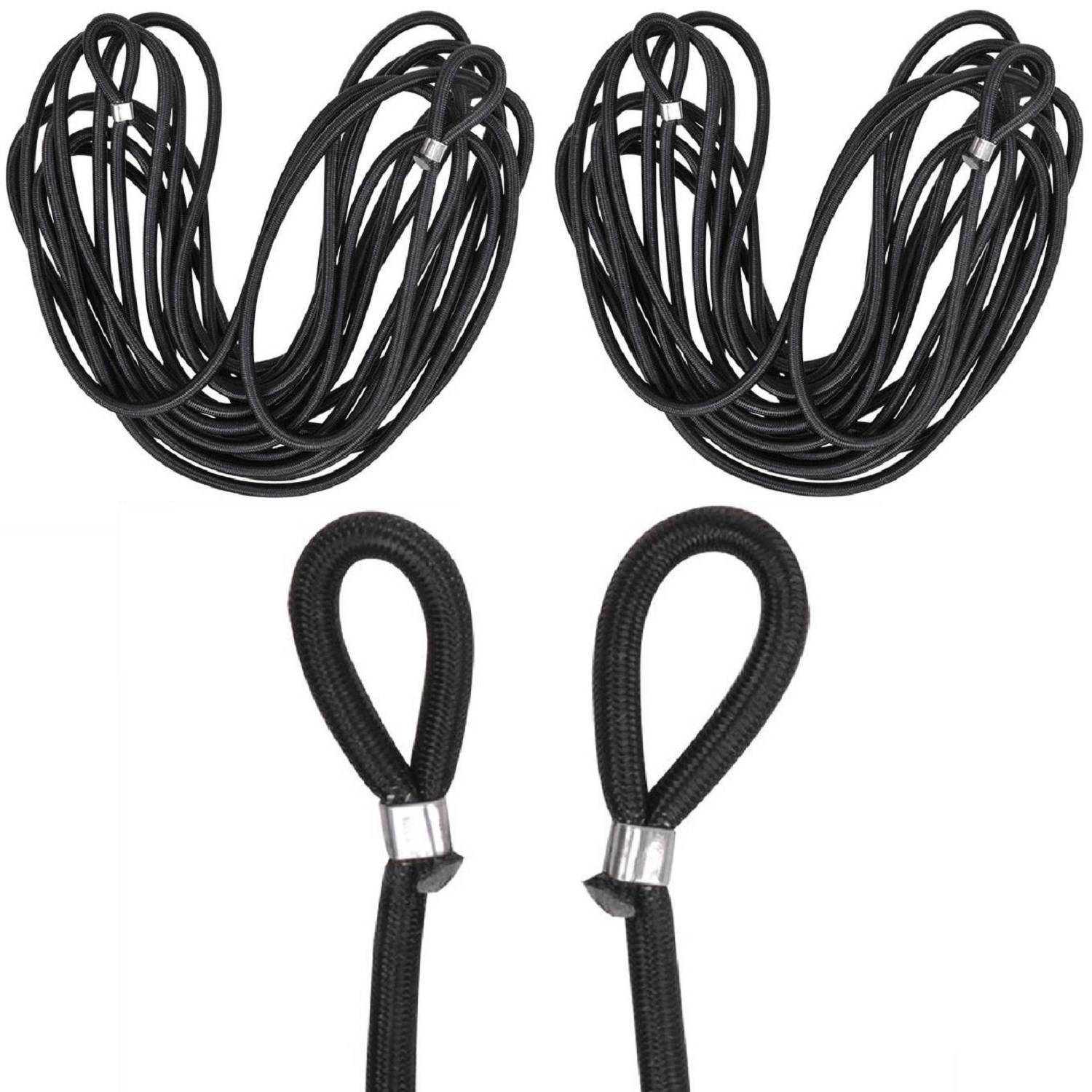 Zwei schwarze elastische Spanngurte mit Metallhaken, aufgerollt und ausgerollt, zum Sichern oder Befestigen von Gegenständen.