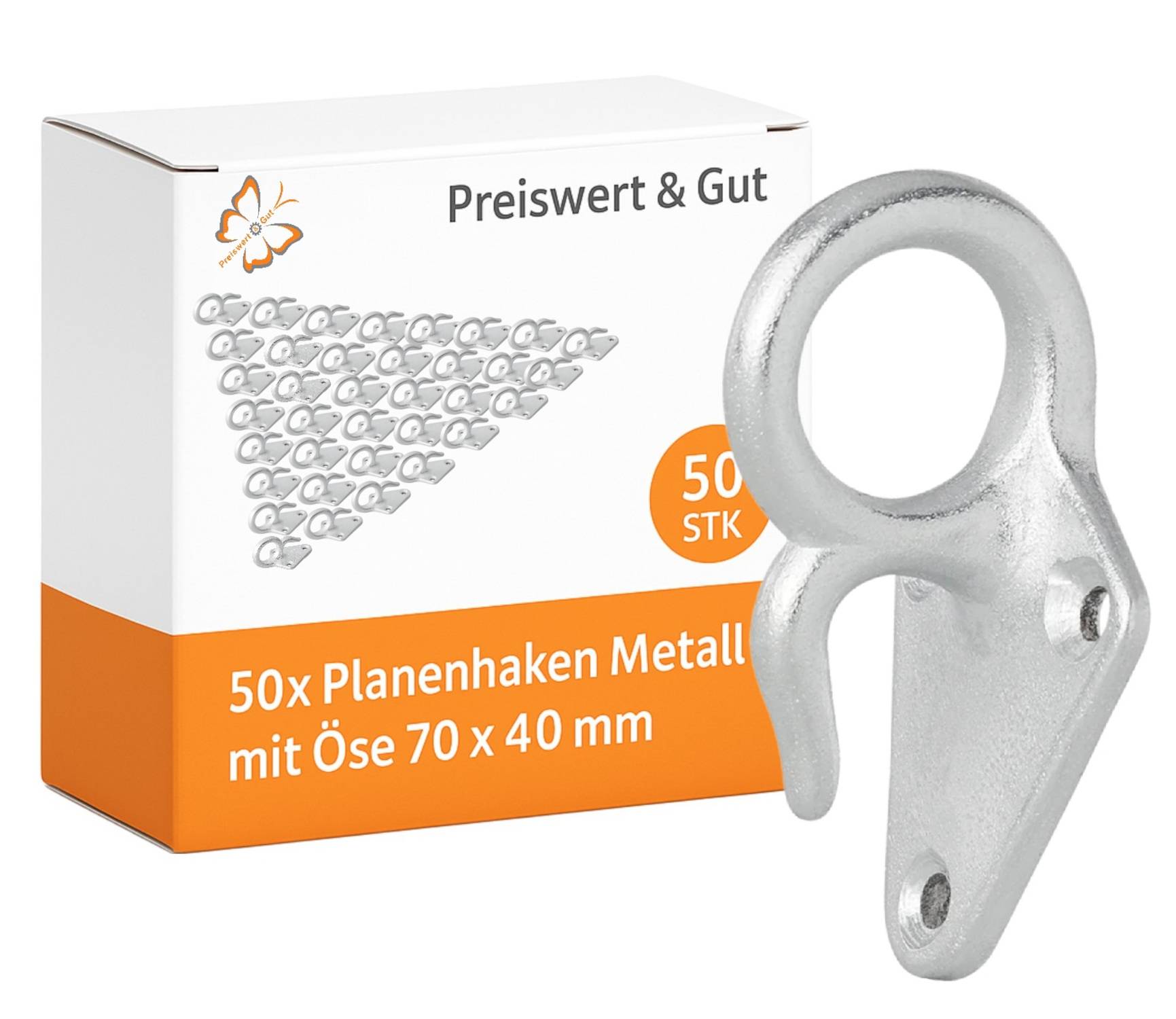 Box mit der Aufschrift 'Preiswert & Gut', enthält 50 Metallösen, je 70x40 mm. Abbildung einer silbernen Öse neben der Box.