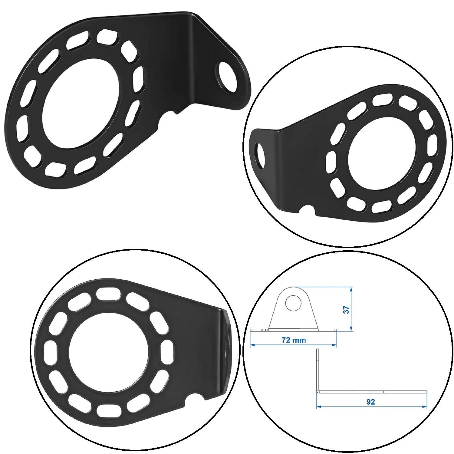 Schwarze Metallhalterung mit kreisförmigen Öffnungen. Das Bild zeigt verschiedene Ansichten, einschließlich einer Seitenansicht mit Abmessungen: 72 mm und 92 mm.