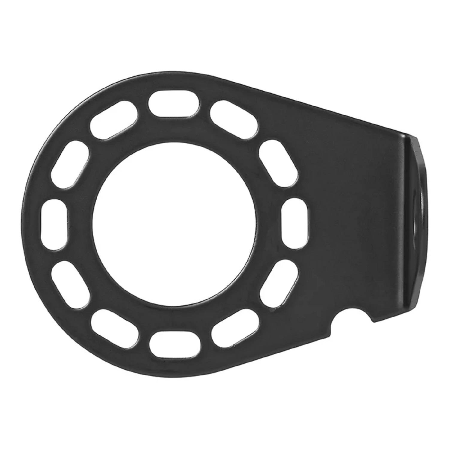 Eine runde, schwarze Metallhalterung mit kreisförmigen Aussparungen und einer verlängerten flachen Kante, die für Montage- oder Stützfunktionen konzipiert ist.