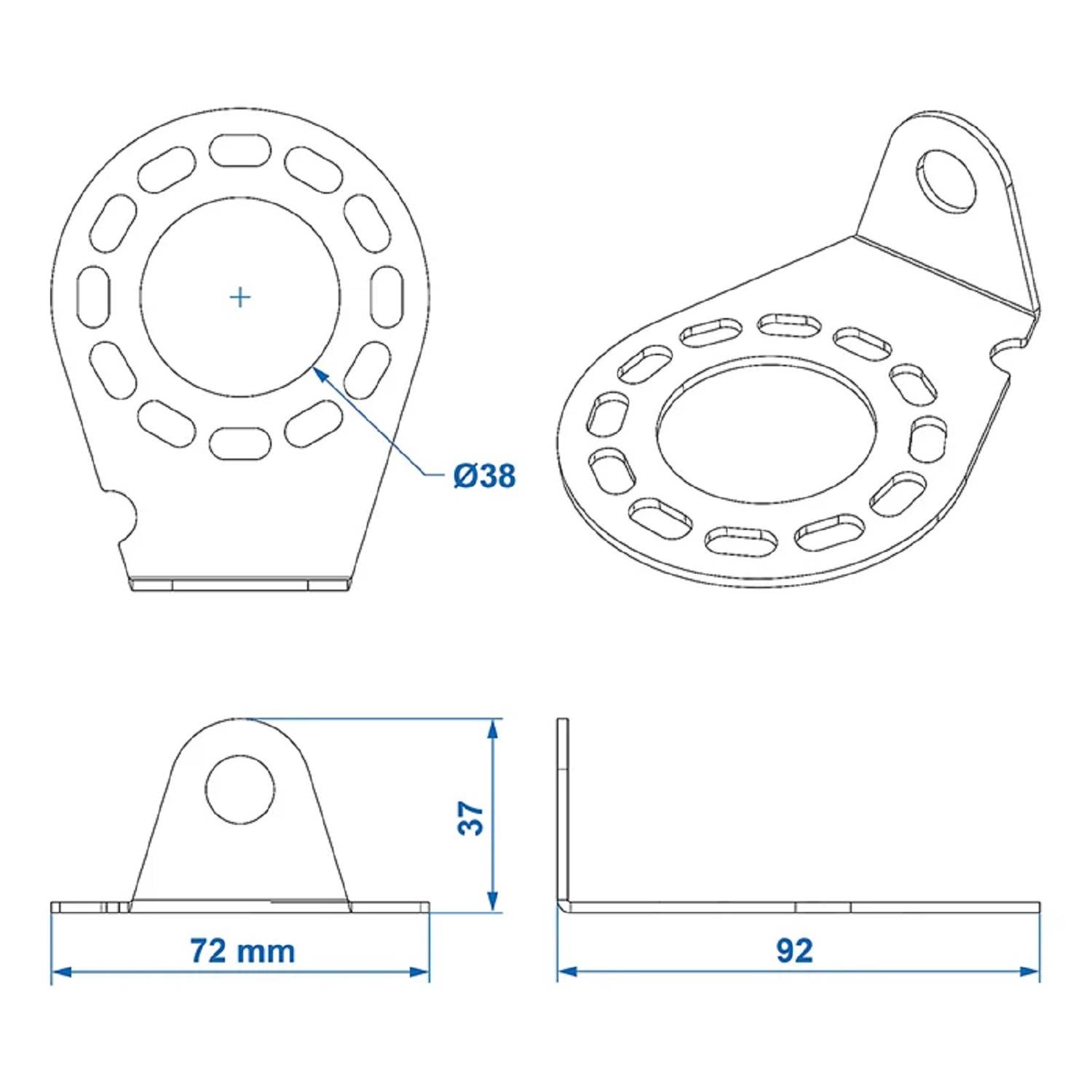 Eine technische Zeichnung einer Metallhalterung mit einer kreisförmigen Grundfläche und Löchern, mit beschrifteten Abmessungen: 72 mm Breite, 92 mm Tiefe und 37 mm Höhe.