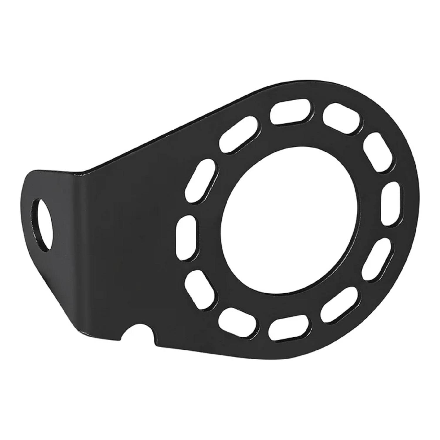 Ein schwarzer Metallhalter mit kreisförmigen Ausschnitten, der zur Befestigung oder Unterstützung verwendet wird.