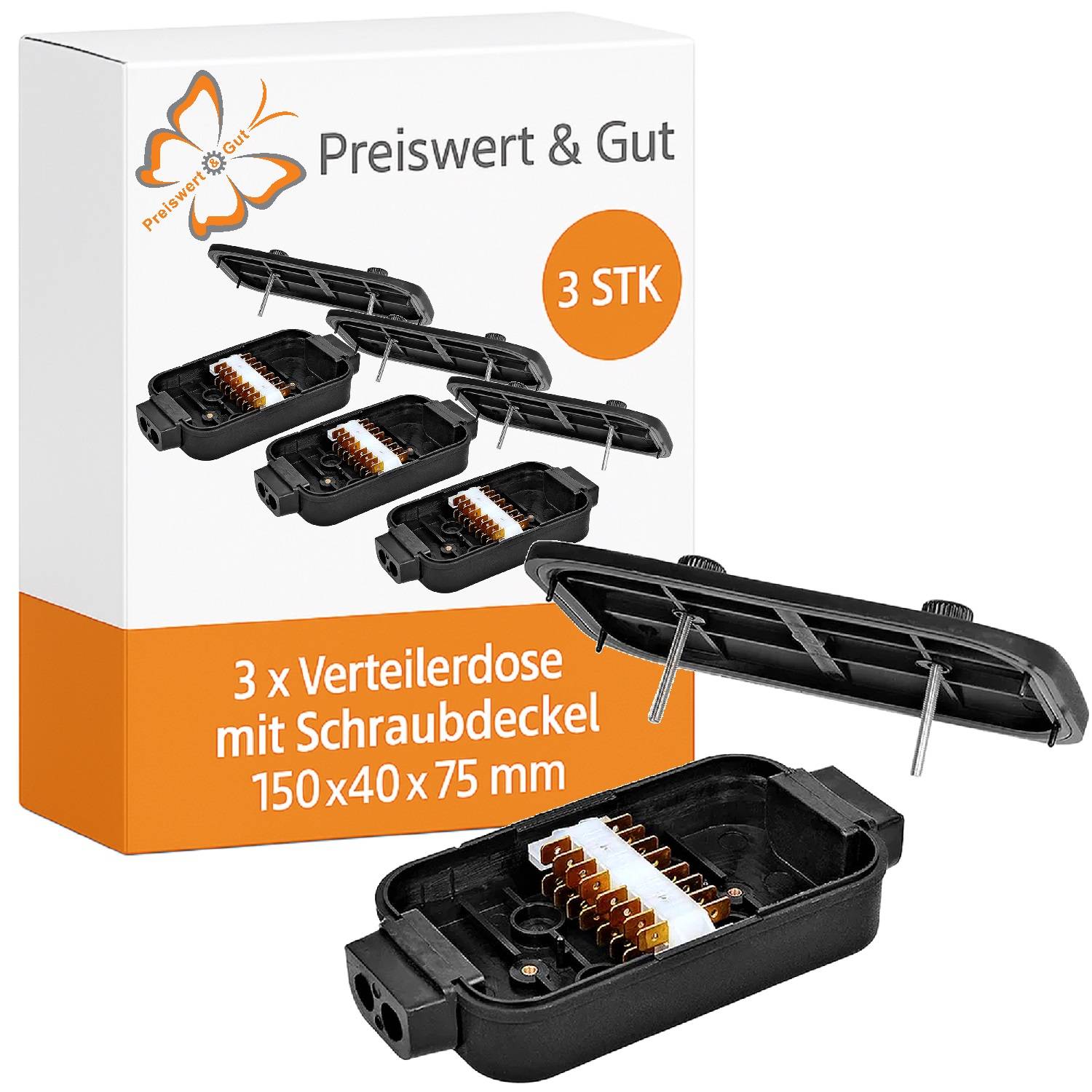 3 x Verteilerdose mit Schraubdeckel, 150 x 40 x 75 mm, Preiswert & Gut, 3 STK
