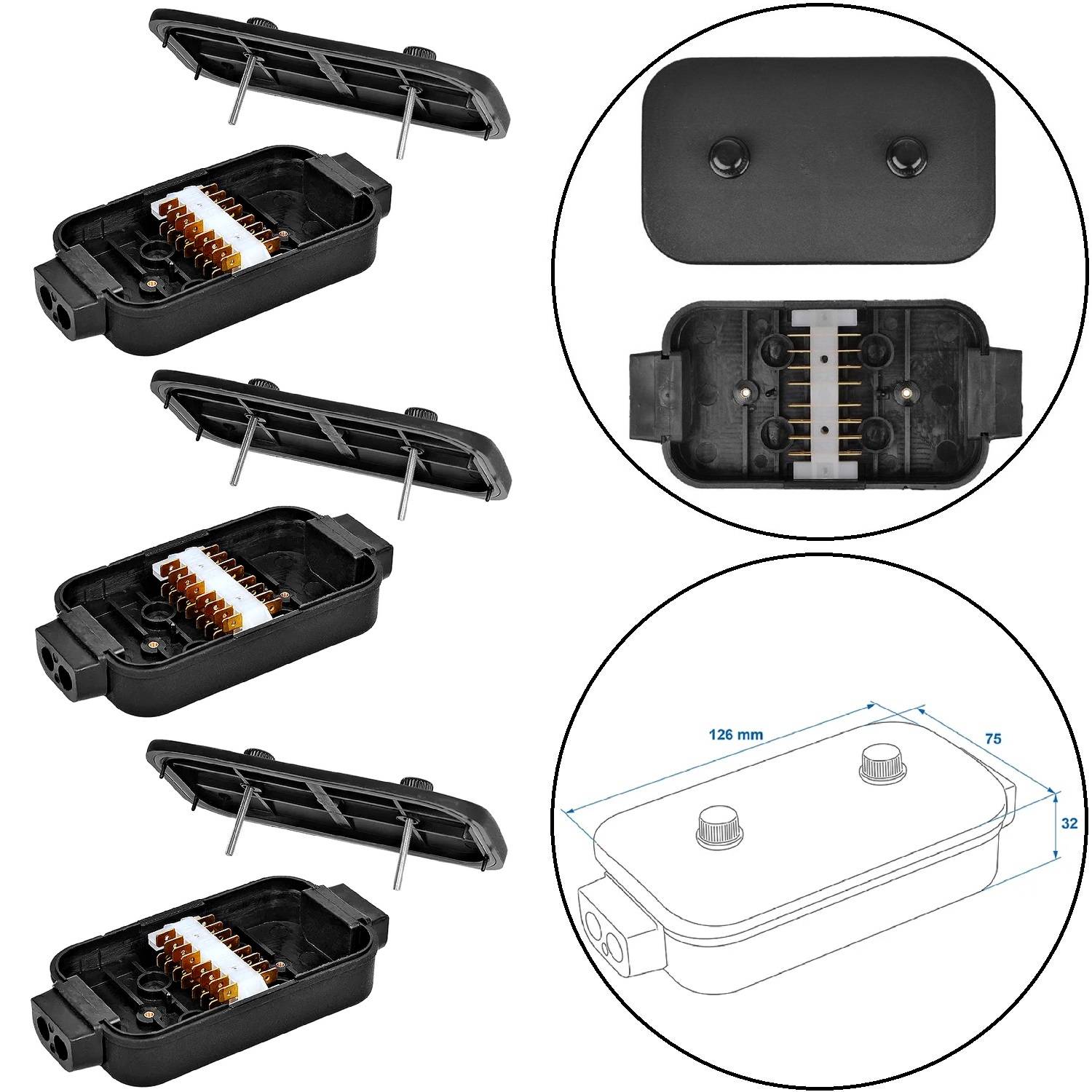 Eine elektrische Verteilerdose mit mehreren Ansichten: geöffnet mit Anschlüssen, geschlossen und mit beschrifteten Abmessungen 126 mm x 75 mm x 32 mm.