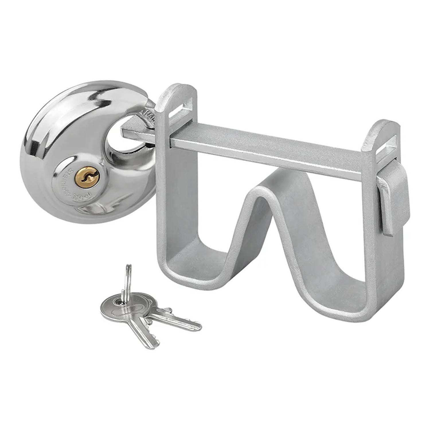 Eine Lenkradkralle aus Silber und Chrom mit Schlüsseln, die entwickelt wurde, um das Drehen des Lenkrads zu verhindern und die Fahrzeugsicherheit zu verbessern.