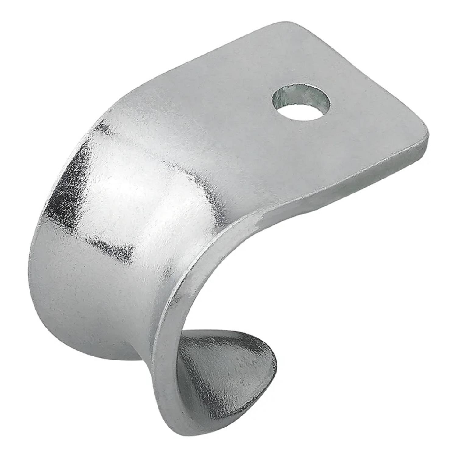 Eine Metallrohrschelle mit einem einzelnen Befestigungsloch, die verwendet wird, um Rohre an Oberflächen zu befestigen. Hergestellt aus glänzendem, silberfarbenem Metall.