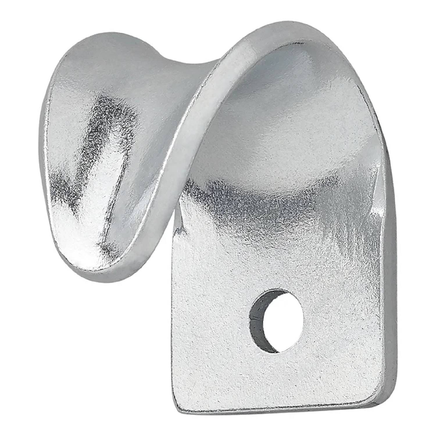 Ein metallischer Wandhaken mit glatter, geschwungener Form, versehen mit einem Loch für einfache Montage.