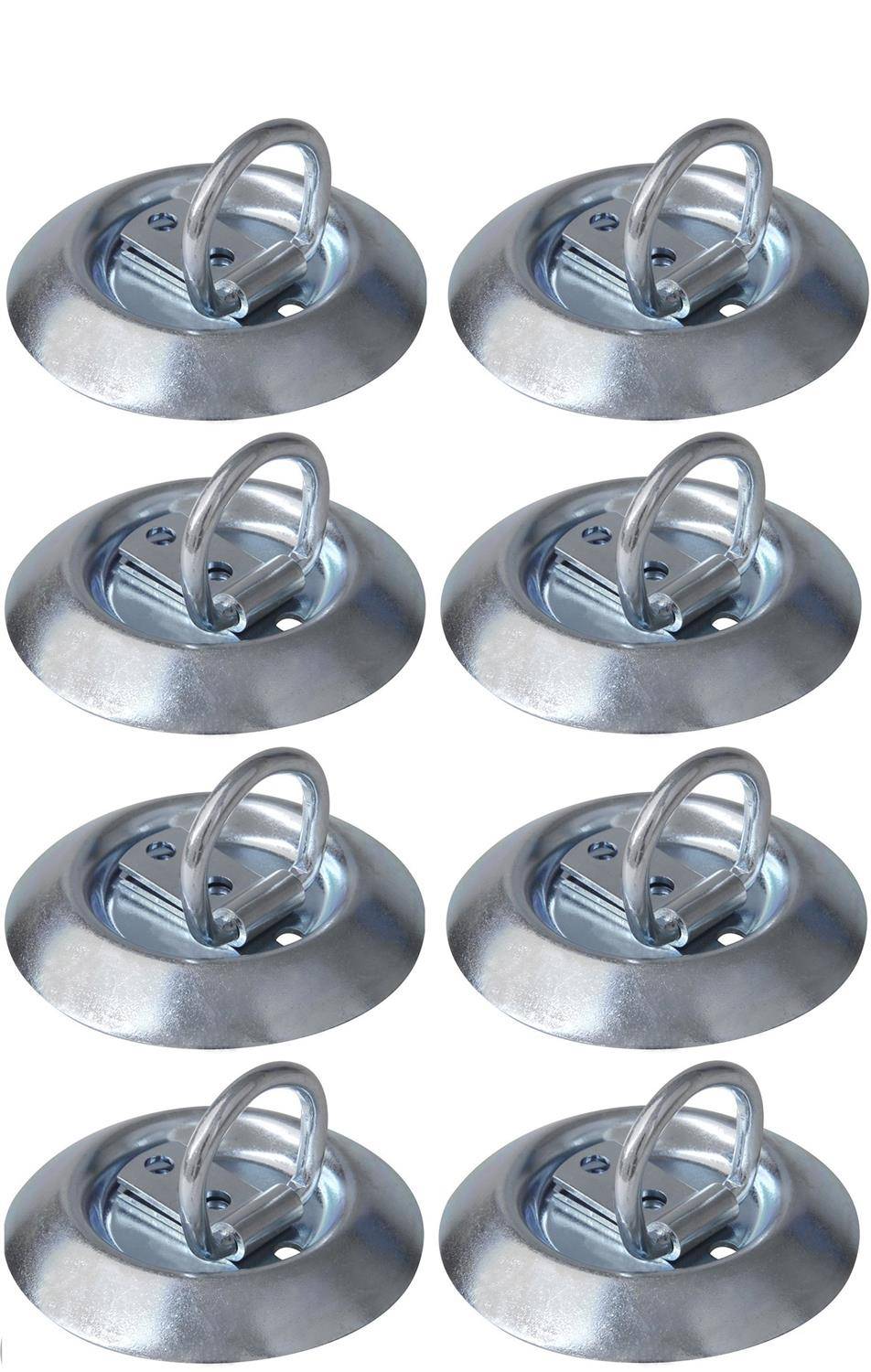 Metallische Befestigungsanker-Ringe, in einem Raster angeordnet, jeder mit einer runden Basis und einem U-förmigen Ring versehen, zum Sichern von Gegenständen.