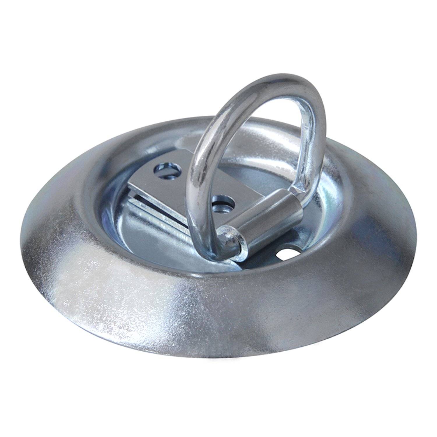 Eine Metallankerplatte in runder Form mit einem erhöhten D-Ring zum Sichern von Kabeln oder Seilen, geeignet für robuste Befestigung auf ebenen Oberflächen.