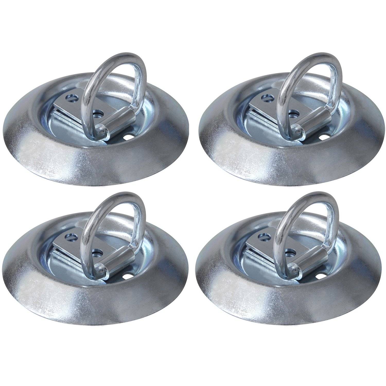 Vier silberne Metallbefestigungspunkte mit Ringen zum Sichern von Gegenständen