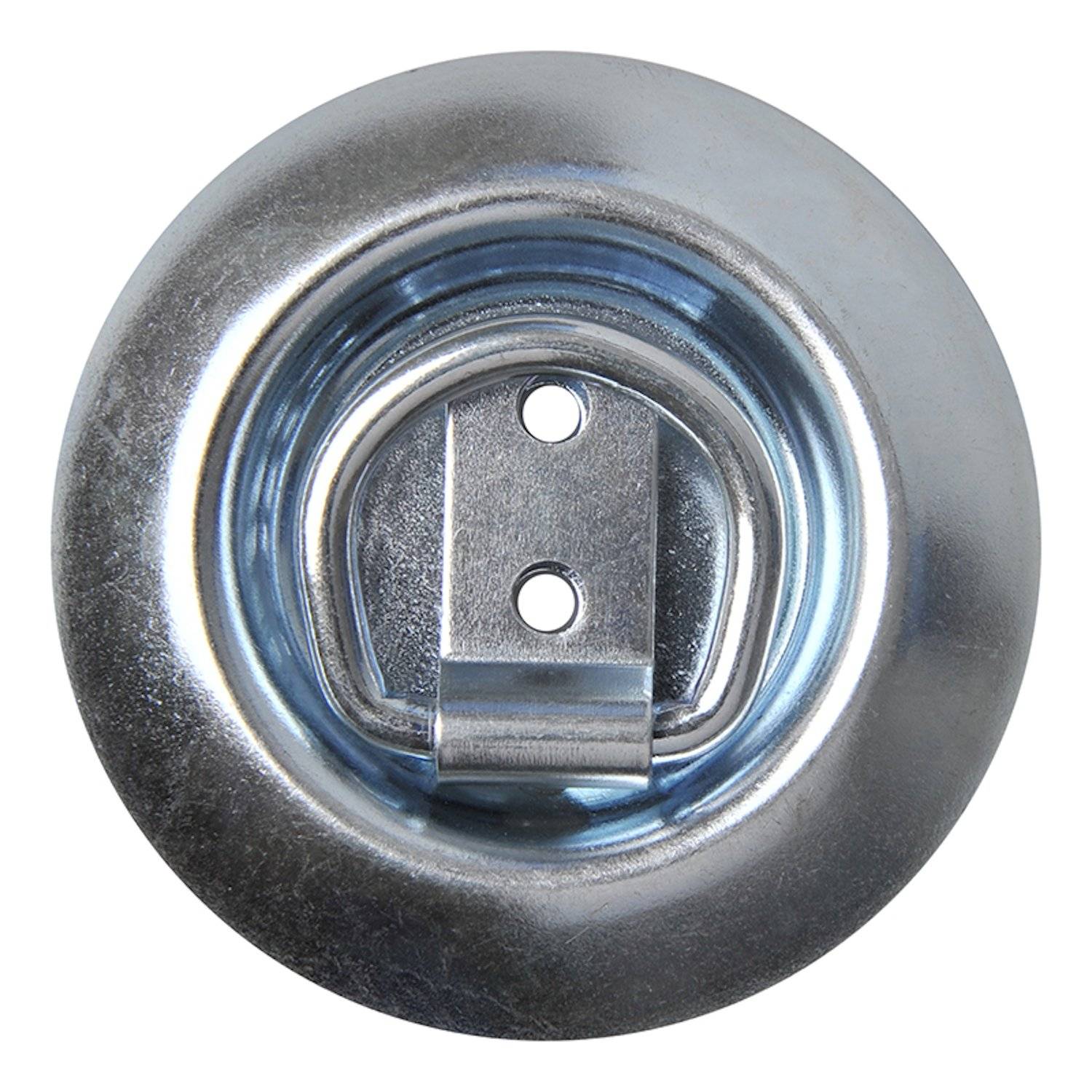 Eine kreisförmige, metallene, eingelassene Befestigungsöse mit zwei Schraublöchern, die zum Sichern von Ladung in Fahrzeugen oder Anhängern entwickelt wurde.