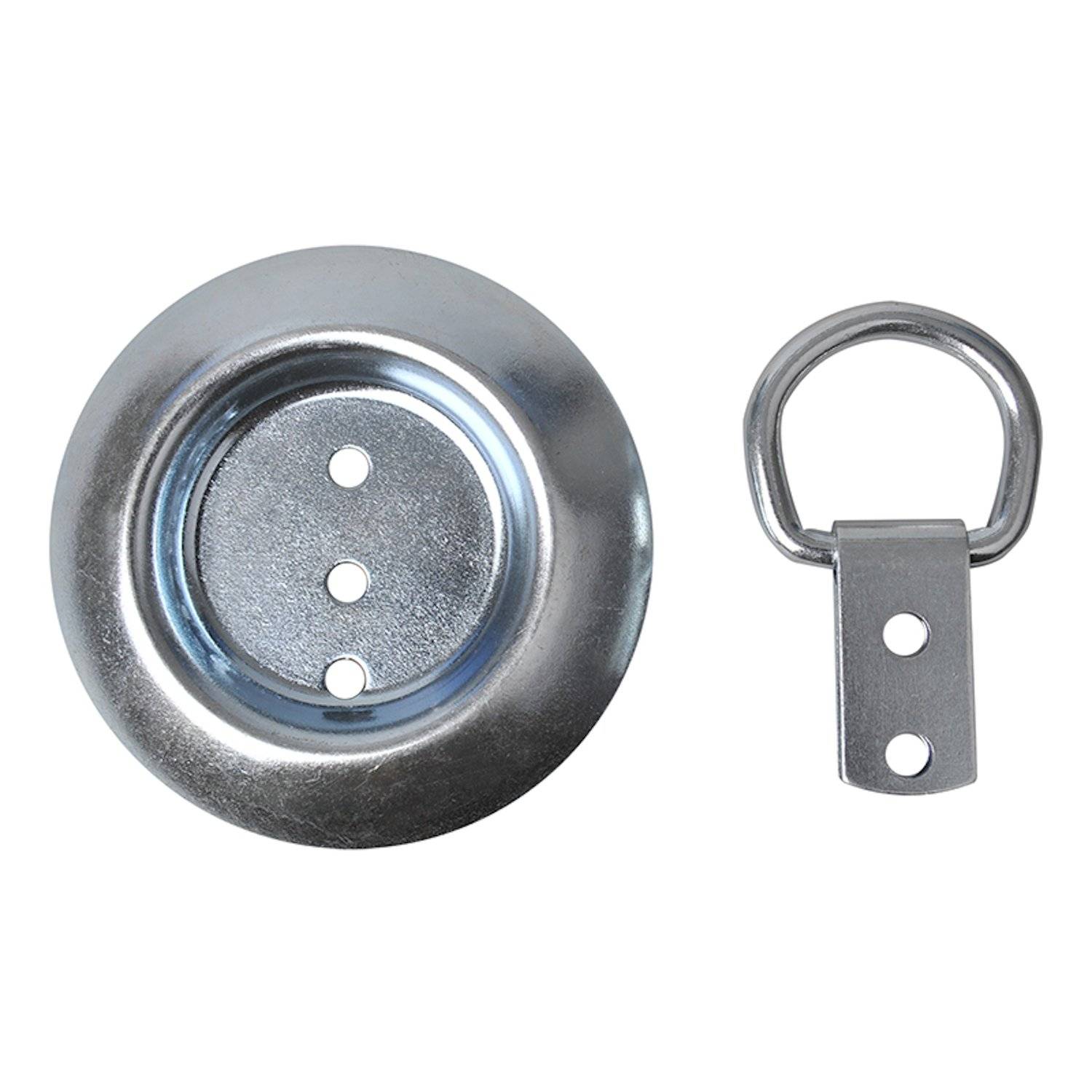 Rundes, silbernes Metallscheibenschloss mit drei Löchern neben einem separaten, gebogenen Metallbügel mit zwei Löchern zur Befestigung.