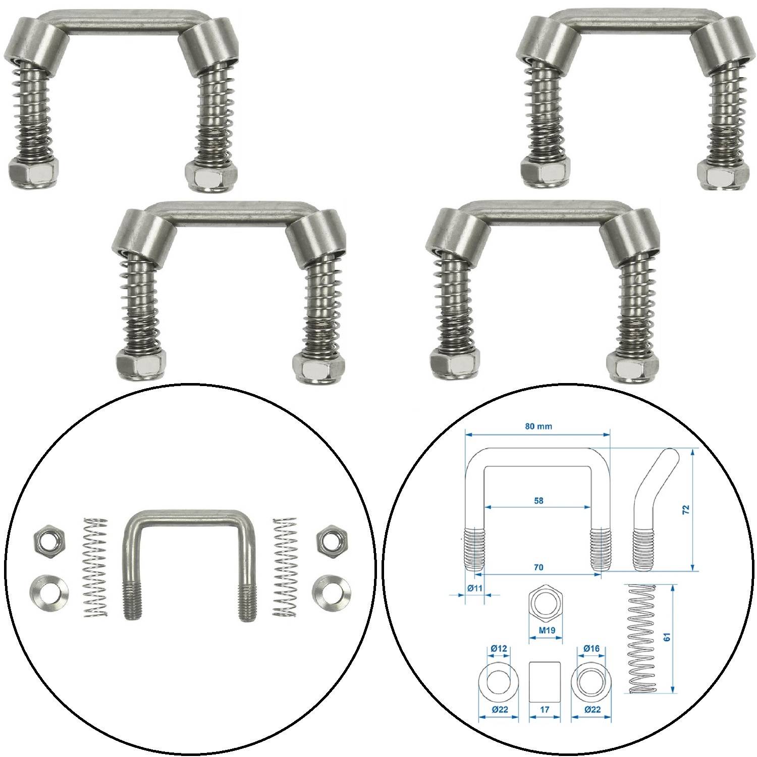 U-Bolten-Set mit vier Metallbolzen, jeder mit Muttern und Unterlegscheiben. Eine Skizze zeigt die Abmessungen: Breite 50 mm, Höhe 80 mm, Durchmesser 12 mm.