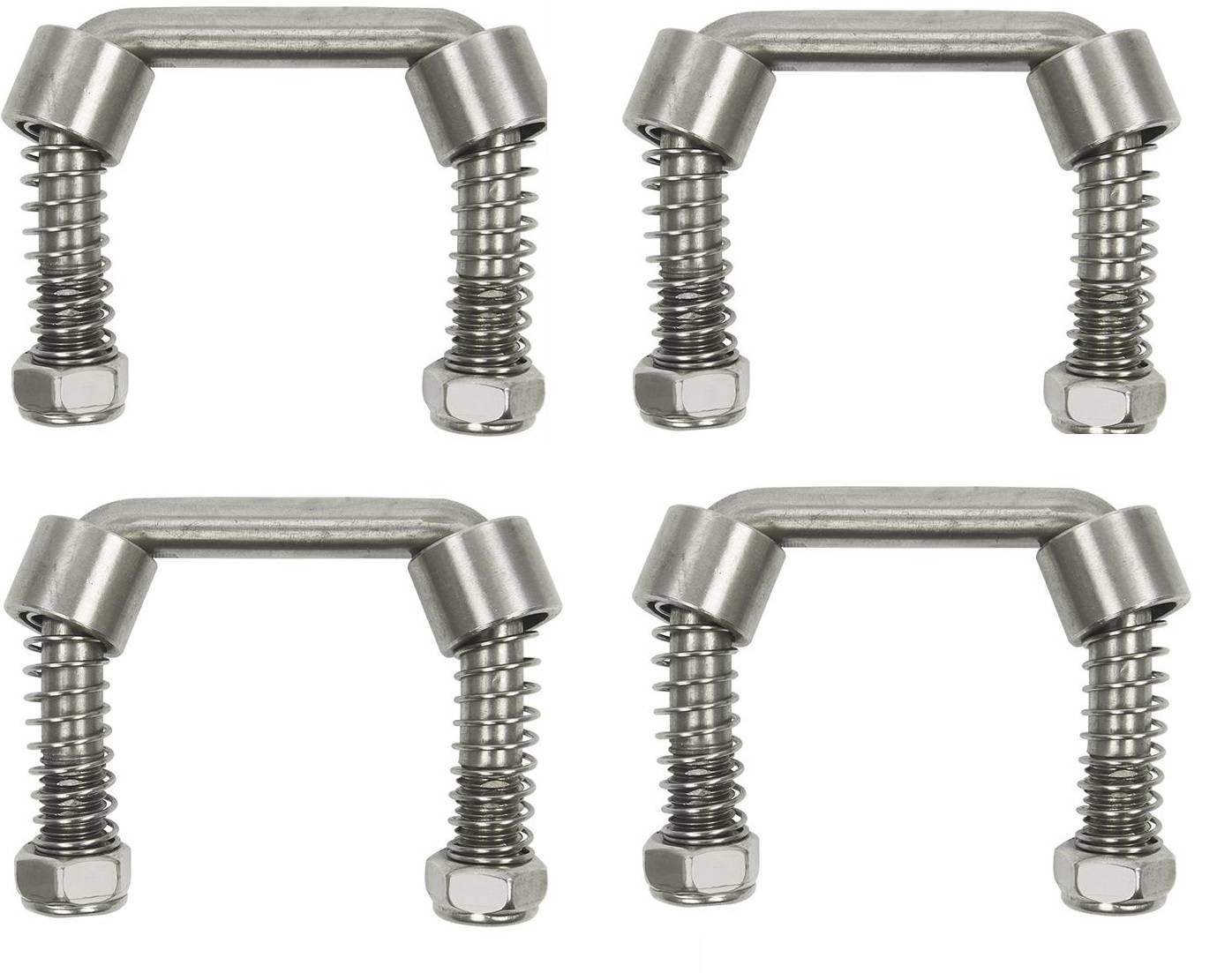 Vier metallene U-förmige Klammern mit Schrauben, in einem Gittermuster auf einem weißen Hintergrund angeordnet.