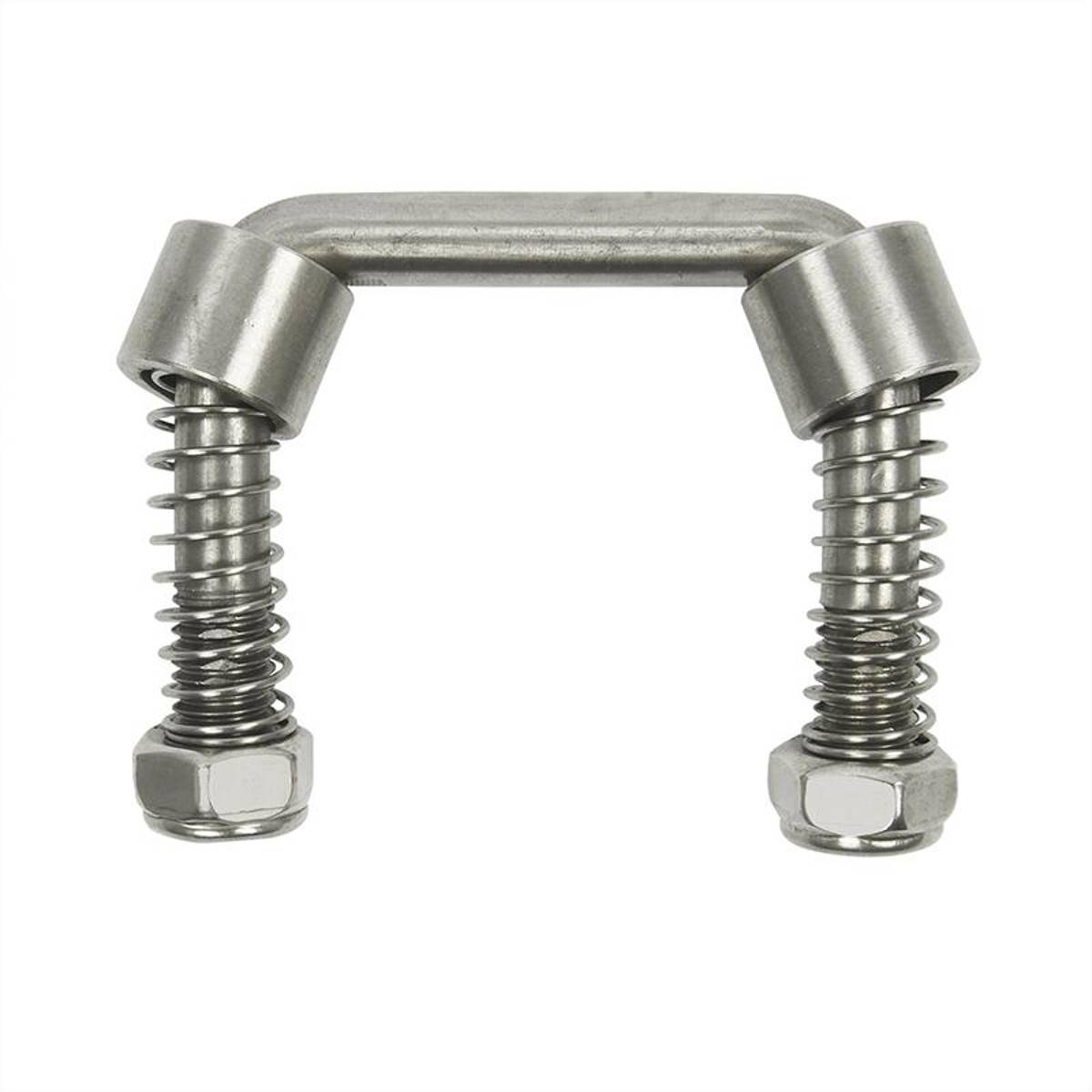 Ein Metall-U-Bolzen-Bausatz mit zwei gewickelten Federn und Sechskantmuttern an jedem Ende, der für Befestigungs- oder Klemmzwecke verwendet wird.