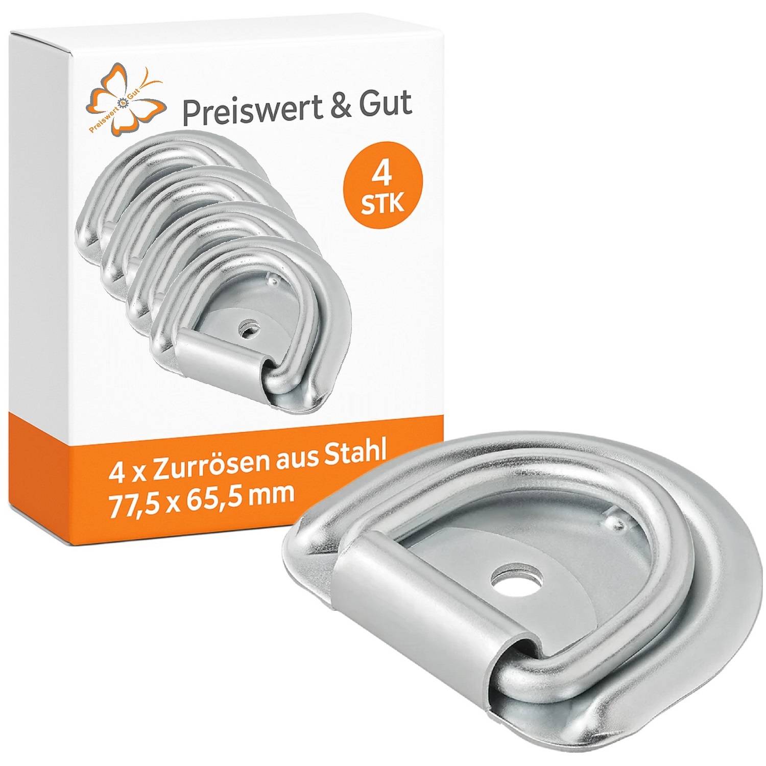 Preiswert & Gut' 4er-Pack Stahlbefestigungsringe, 77,5 x 65,5 mm, auf Verpackung mit Produktabbildung abgebildet.