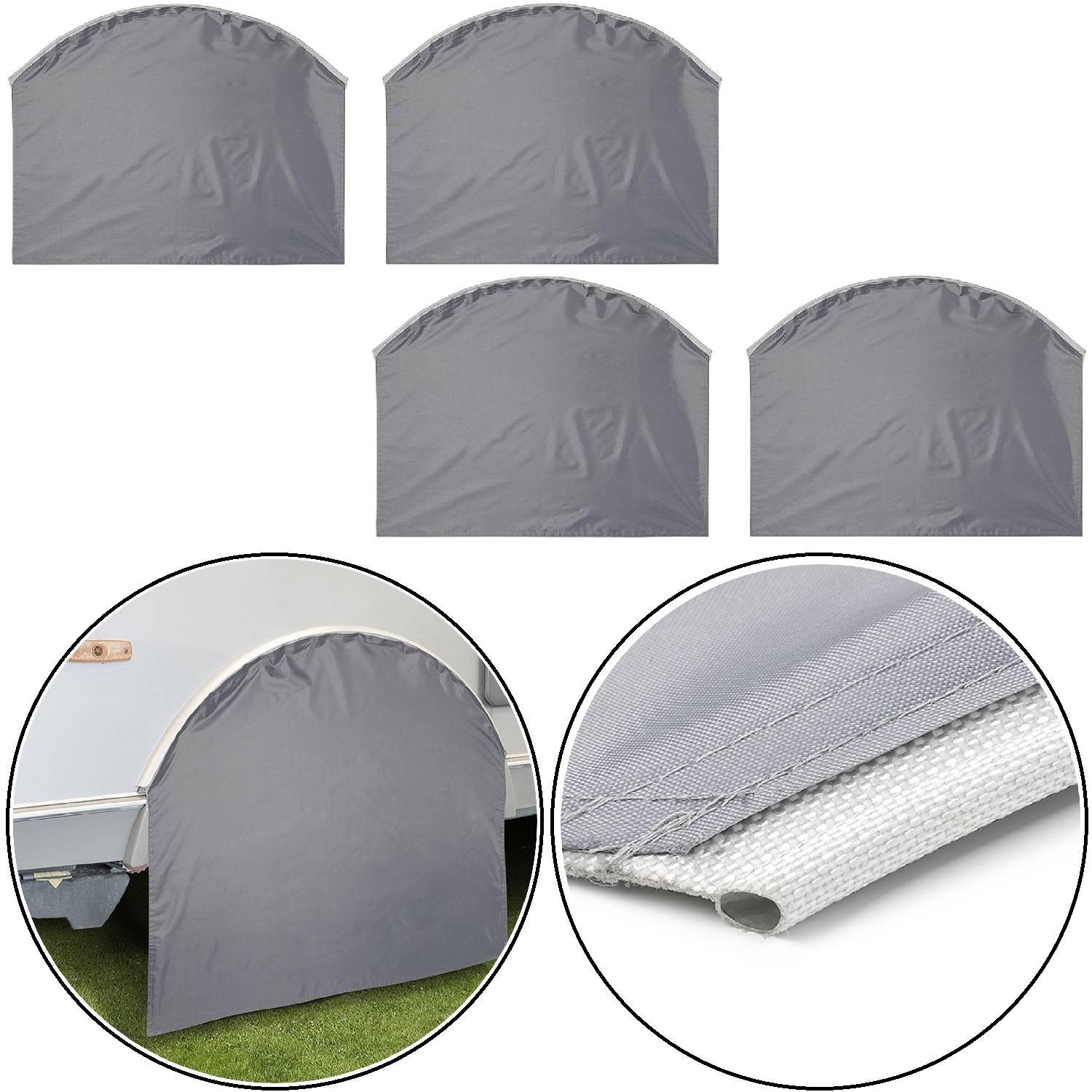 Fünf graue Wohnmobil-Reifenhüllen, dargestellt als Set mit einer Detailaufnahme der Gewebetextur und einer separaten Abdeckung auf einem Rad.