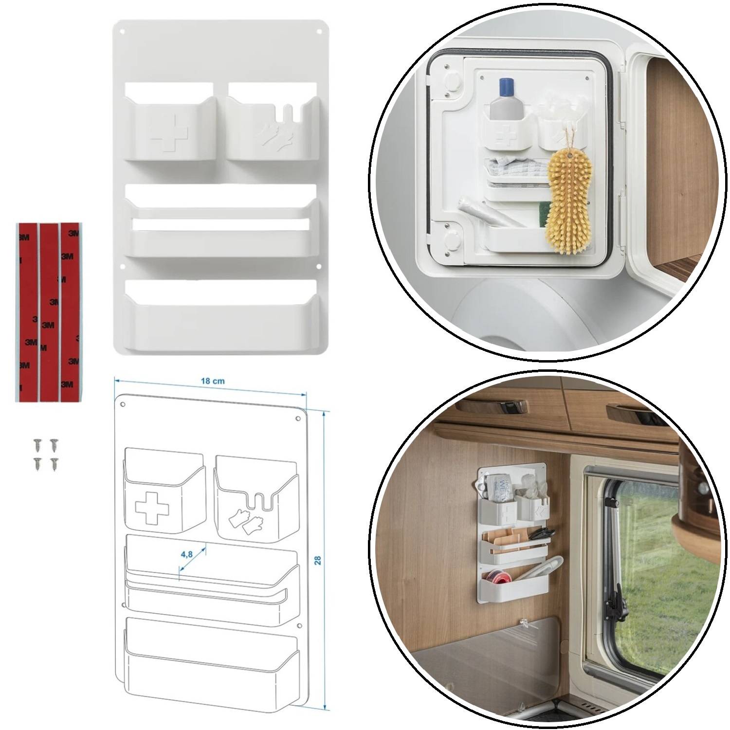 An der Wand montierter Aufbewahrungsorganizer im Innenraum eines Wohnmobils; verfügt über Fächer für Toilettenartikel und kleine Gegenstände, einschließlich Zahnbürste, Flasche und Bürste.