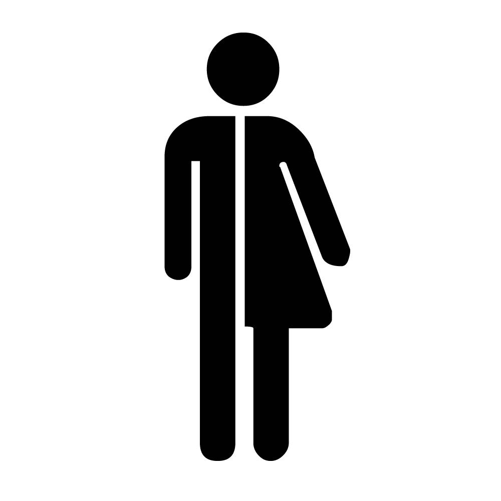 Ein geschlechtsneutrales Badezimmerschild mit einer halb-anzüglichen Figur und einer halb-bekleideten Figur, die geschlechtsneutrale Einrichtungen symbolisiert.