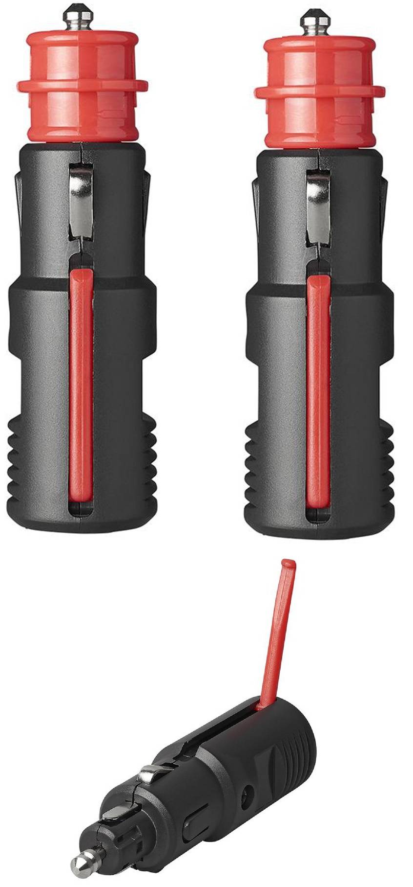 Zwei schwarze Anspitzer mit roten Abfallbehältern, einer mit einem eingelegten Bleistift und sichtbaren Bleistiftspänen darunter.