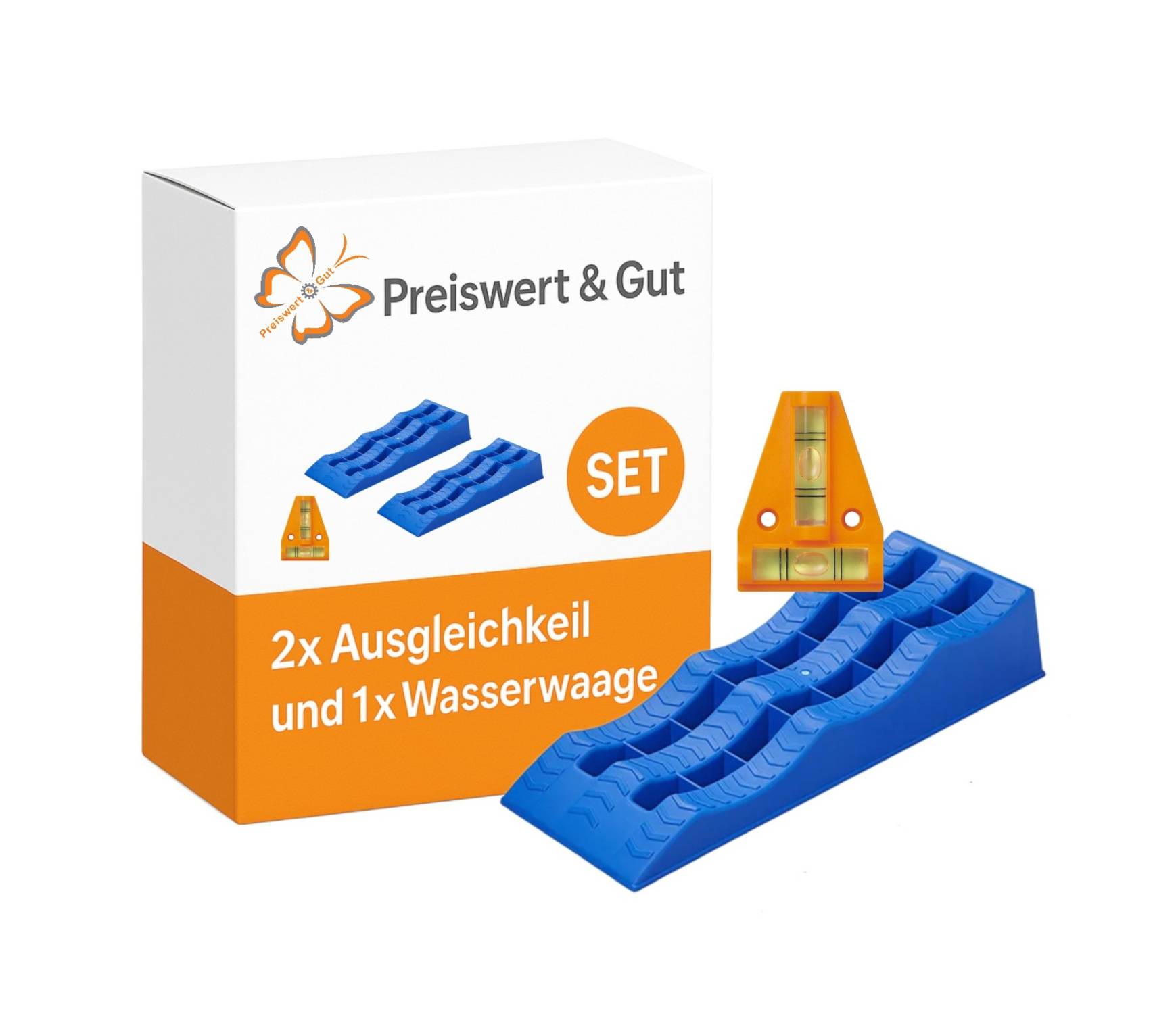Box containing two blue leveling wedges and an orange spirit level, labeled '2x Ausgleichkeil und 1x Wasserwaage'.