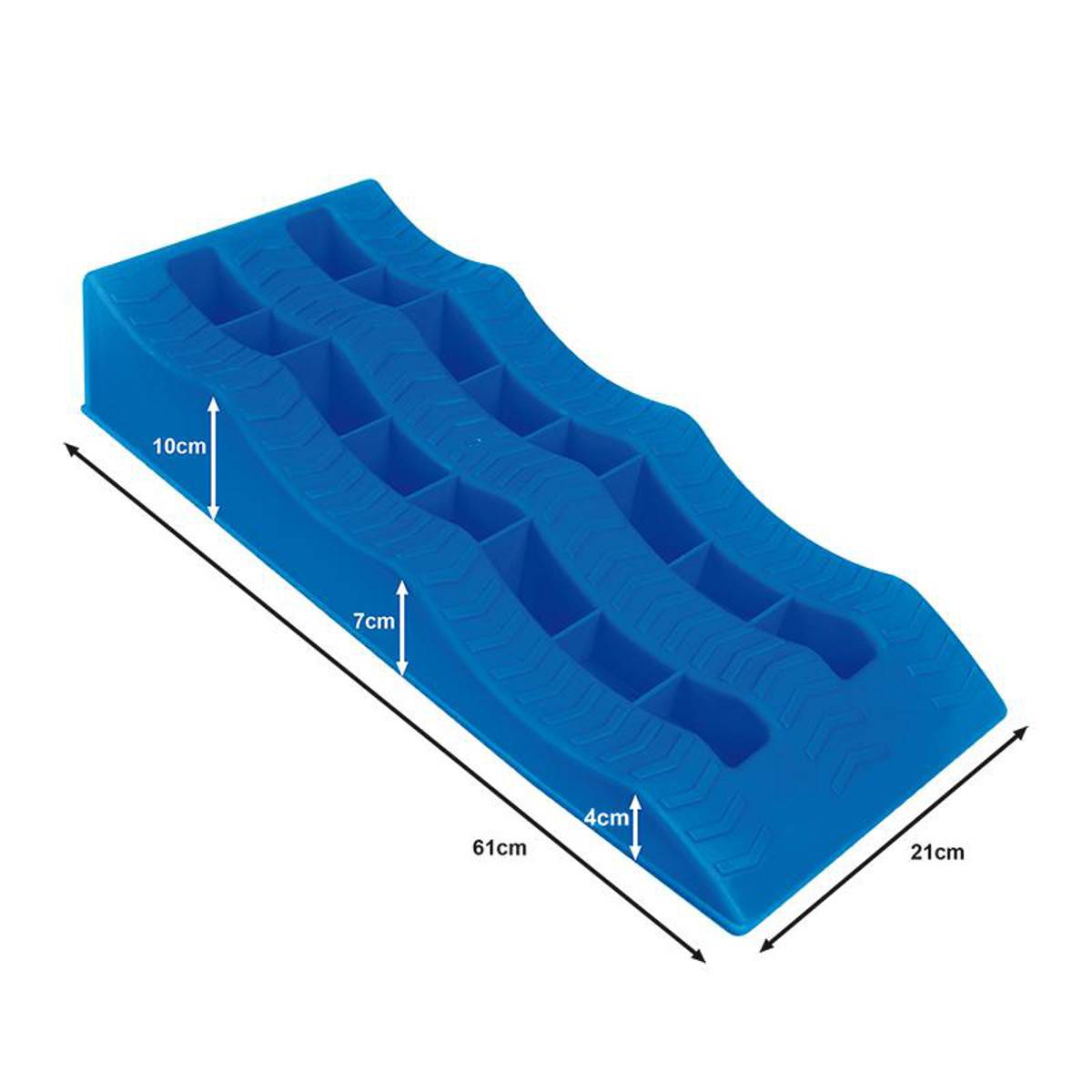 Blaue Kunststoff-Werkzeugrampe mit beschrifteten Abmessungen: Höhe 10 cm, Breite 21 cm, Länge 61 cm, Rampentiefe 7 cm und Stufenhöhe 4 cm.