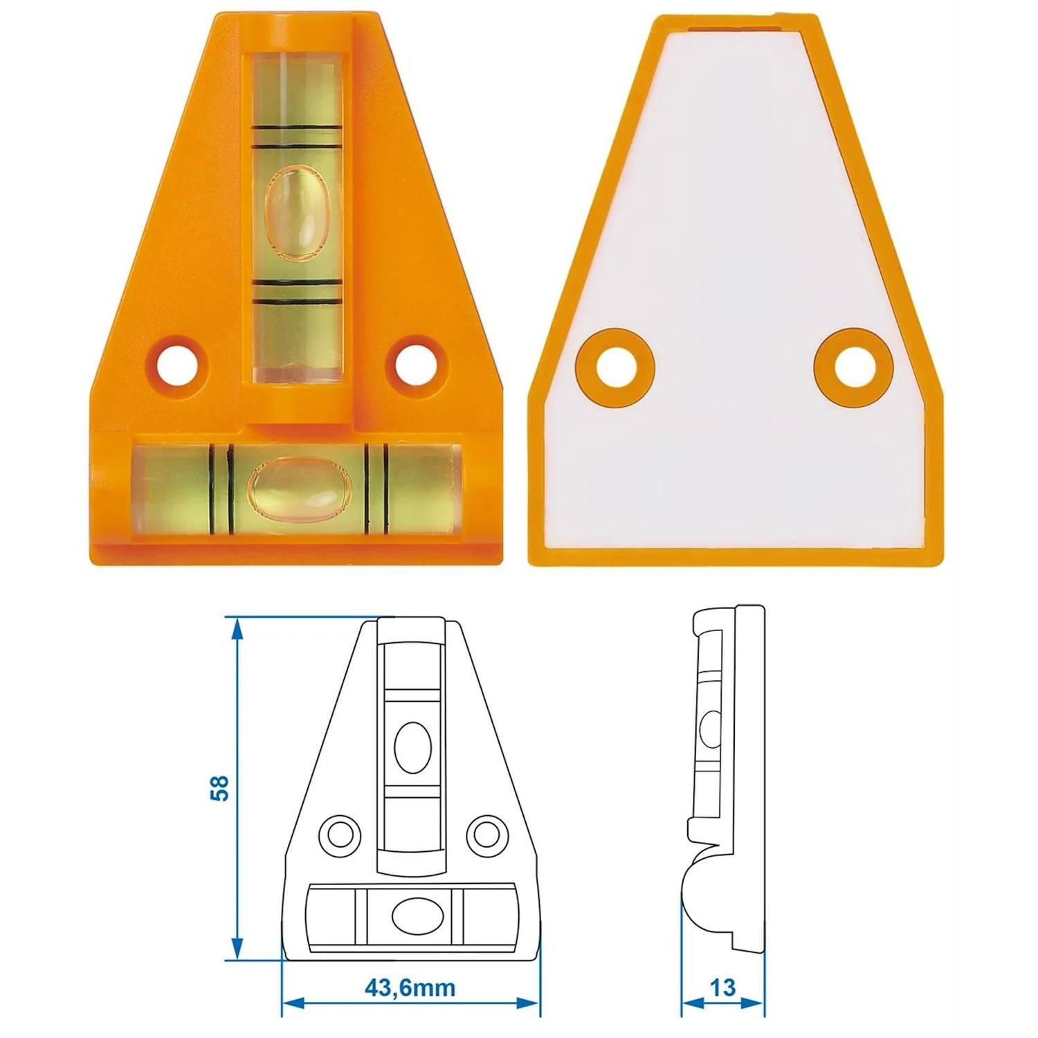 Ein orangefarbener 2-Wege-Wasserwaage mit Blasenindikator für vertikale und horizontale Ausrichtung; Abmessungen: 58 mm Höhe, 43,6 mm Breite, 13 mm Dicke.