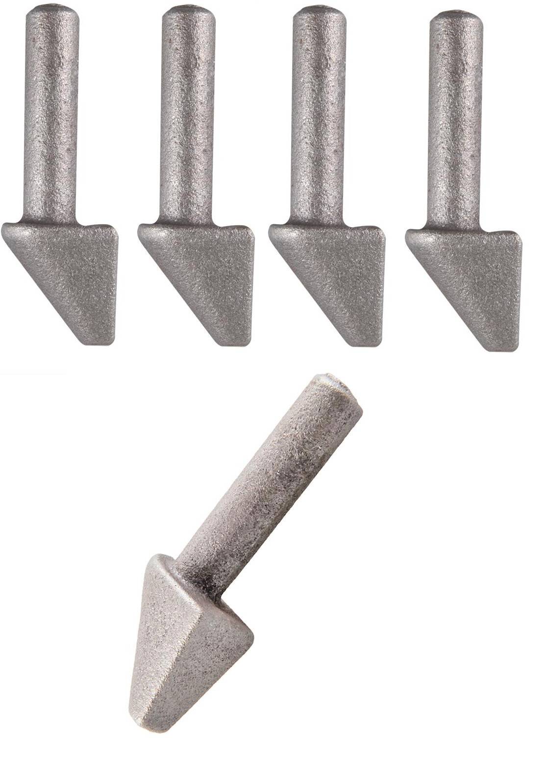 Fünf identische metallische Pfeile, die in einer Reihe nach unten zeigen, mit einem zusätzlichen Pfeil darunter, der diagonal nach links unten weist.