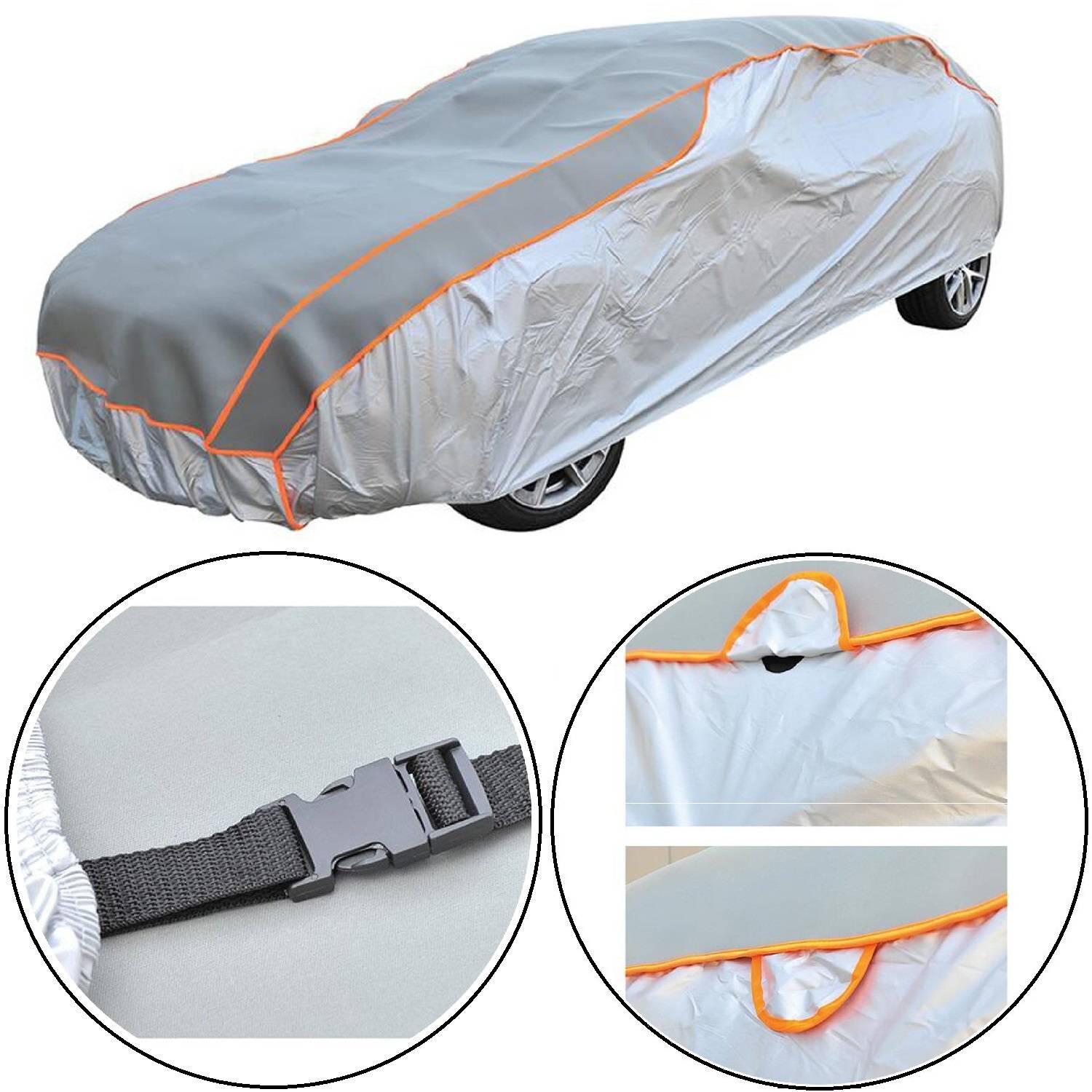 Autoabdeckung mit einem grau und orange gehaltenen Design, die Schnallen- und Riemendetails zeigt, mit Nahaufnahmen, die einen sicheren Sitz und das Material hervorheben.