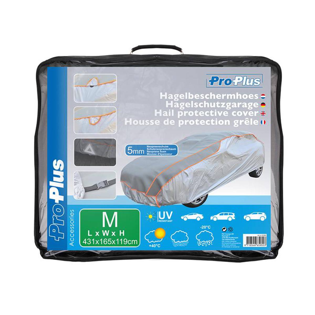 Hagelschutzgarage' Schutzabdeckung für Fahrzeuge mit UV- und Wettersymbolen, mittlere Größe (431x165x119cm), grau, gepolstert gegen Hagelschäden.