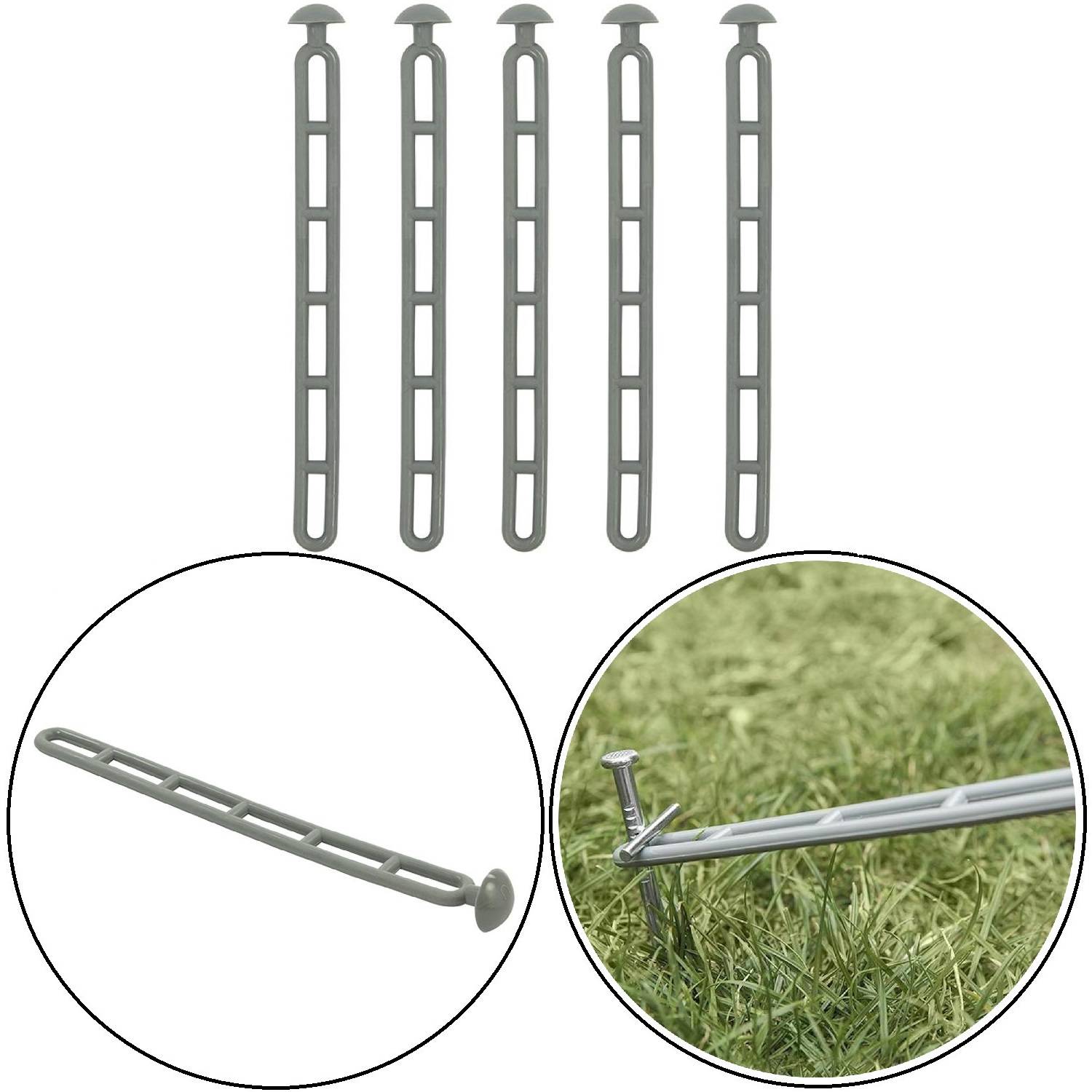 Graue Kunststoff-Erdspieße, in einer Menge von fünf dargestellt. Ein Spieß im Gras zeigt die Verwendung; eine Nahaufnahme hebt die Designdetails hervor.